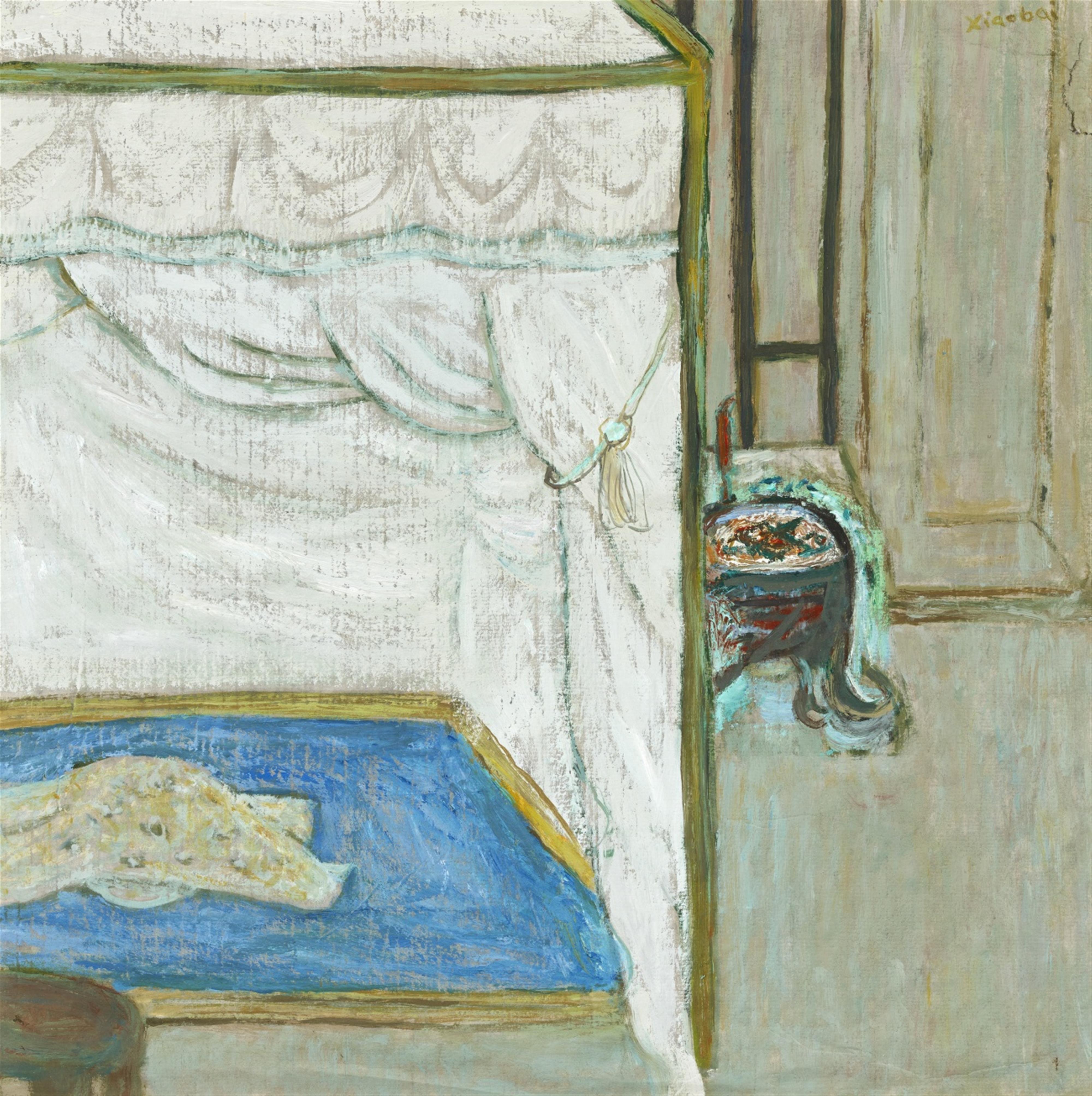 Su Xiaobai - Interior with a canopy bed. Oil on cardboard. Signed Xiaobai. - image-1