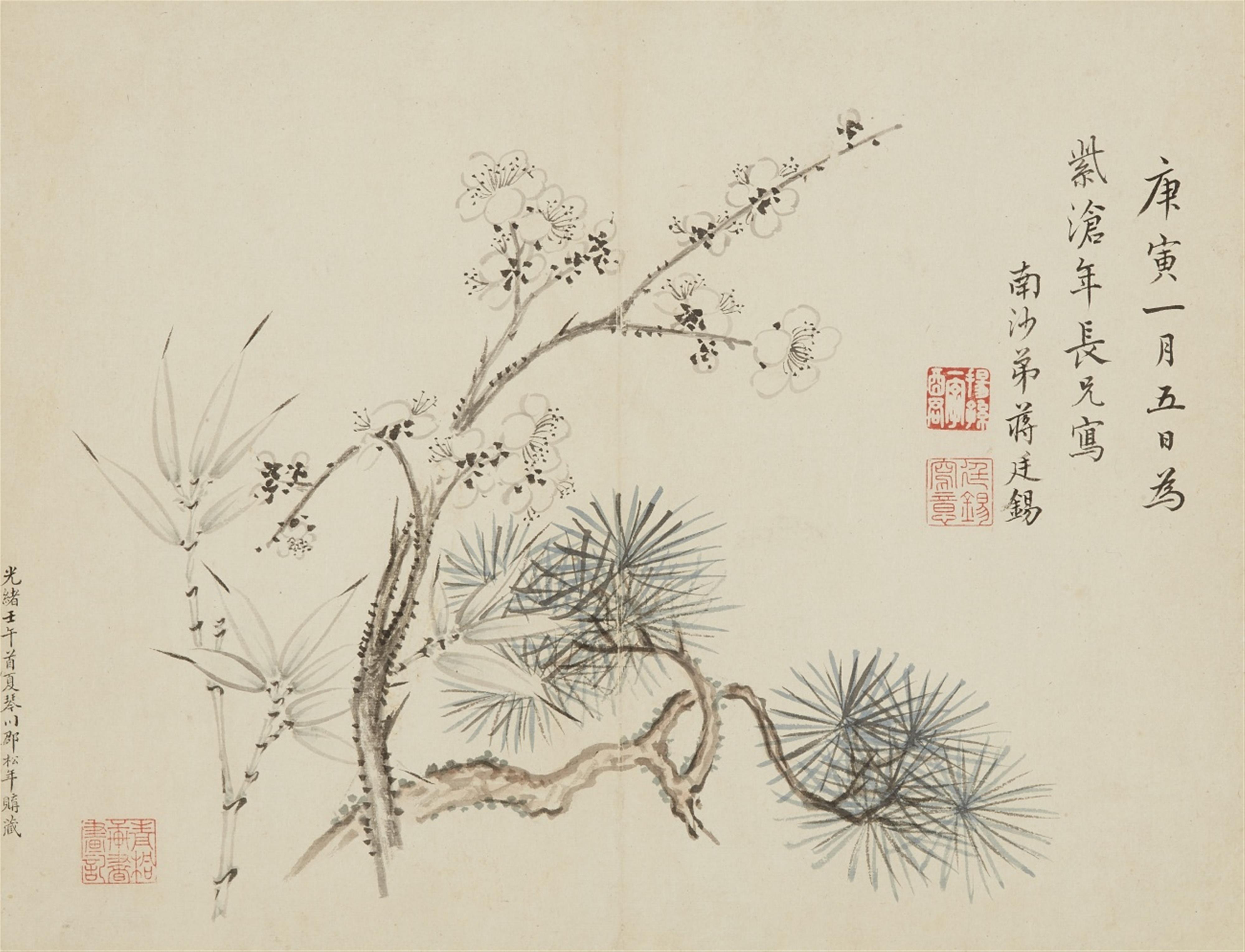 Jiang Tingxi - A folding album with depictions of birds and flowers on twelve leaves. Ink and colour on paper. Inscription, dated cyclically gengyin (1710), signed Nanshao di Jiang Tingxi and ... - image-2