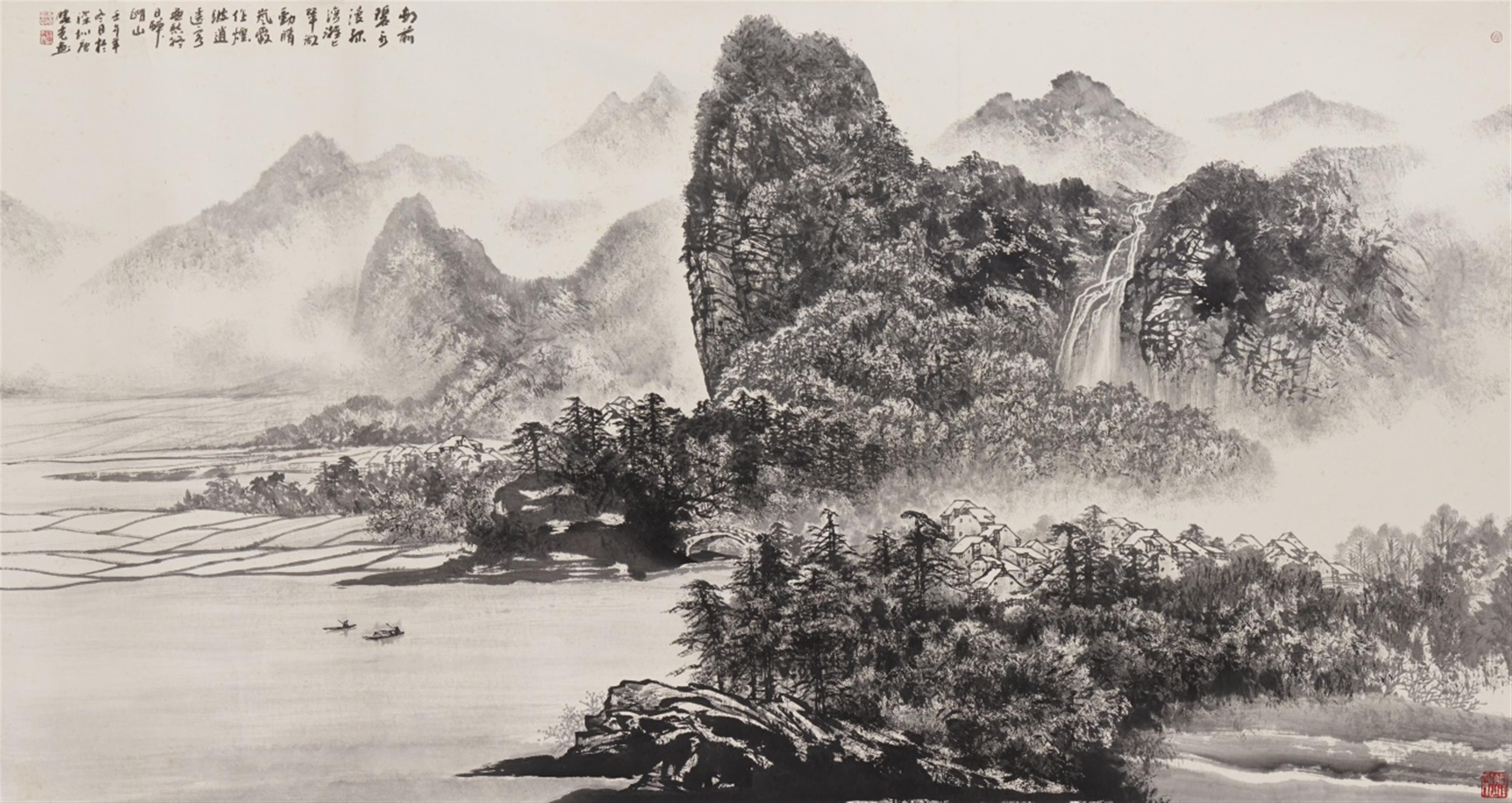 Tang Xiaoguang - Landscape. Horizontal scroll. Ink on paper. Inscription, dated cyclically renwu (2002), signed Tang Xiaoguang, sealed Tang Xiaoguang and three more seals. With silk mounting. - image-1