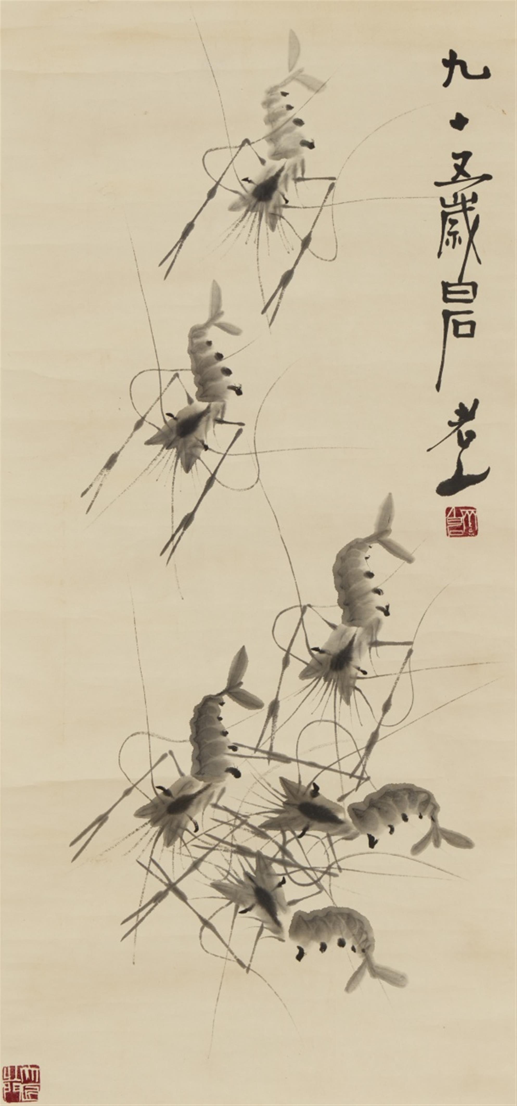 Nach Qi Baishi - Krabben. Hängerolle. Tusche auf Papier. Aufschrift, bez.: Baishi laoren und Siegel: Qi Baishi. - image-1