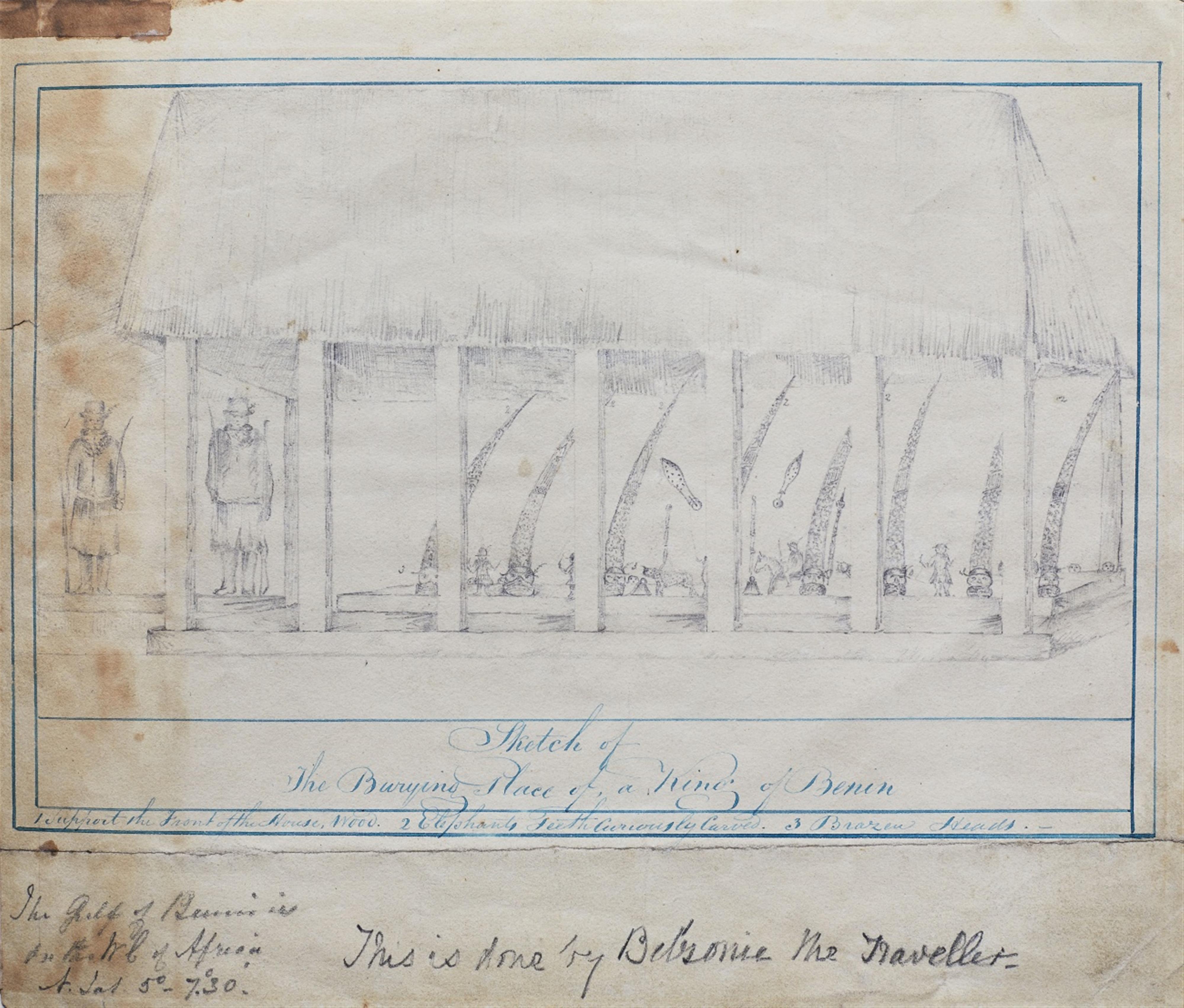 SKETCH OF THE BURYING PLACE OF A KING OF BENIN
A unique drawing of a royal ancestor altar at Benin, by Giovanni Battista Belzoni (1778-1823) - image-1