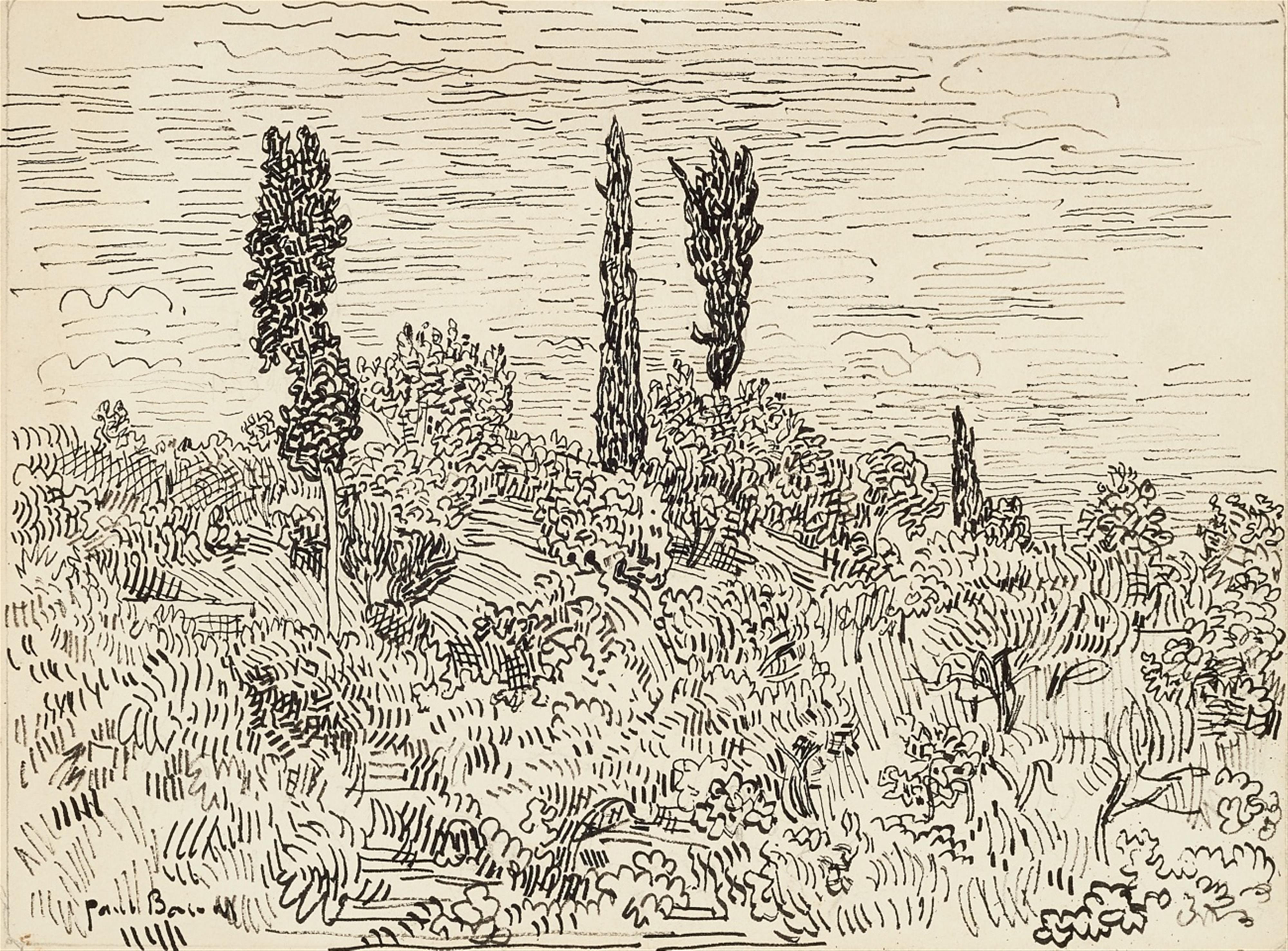 Paul Baum - Kleiner Hügel in der Toskana mit Büschen, zwei Bäumen und zwei Zypressen - image-1