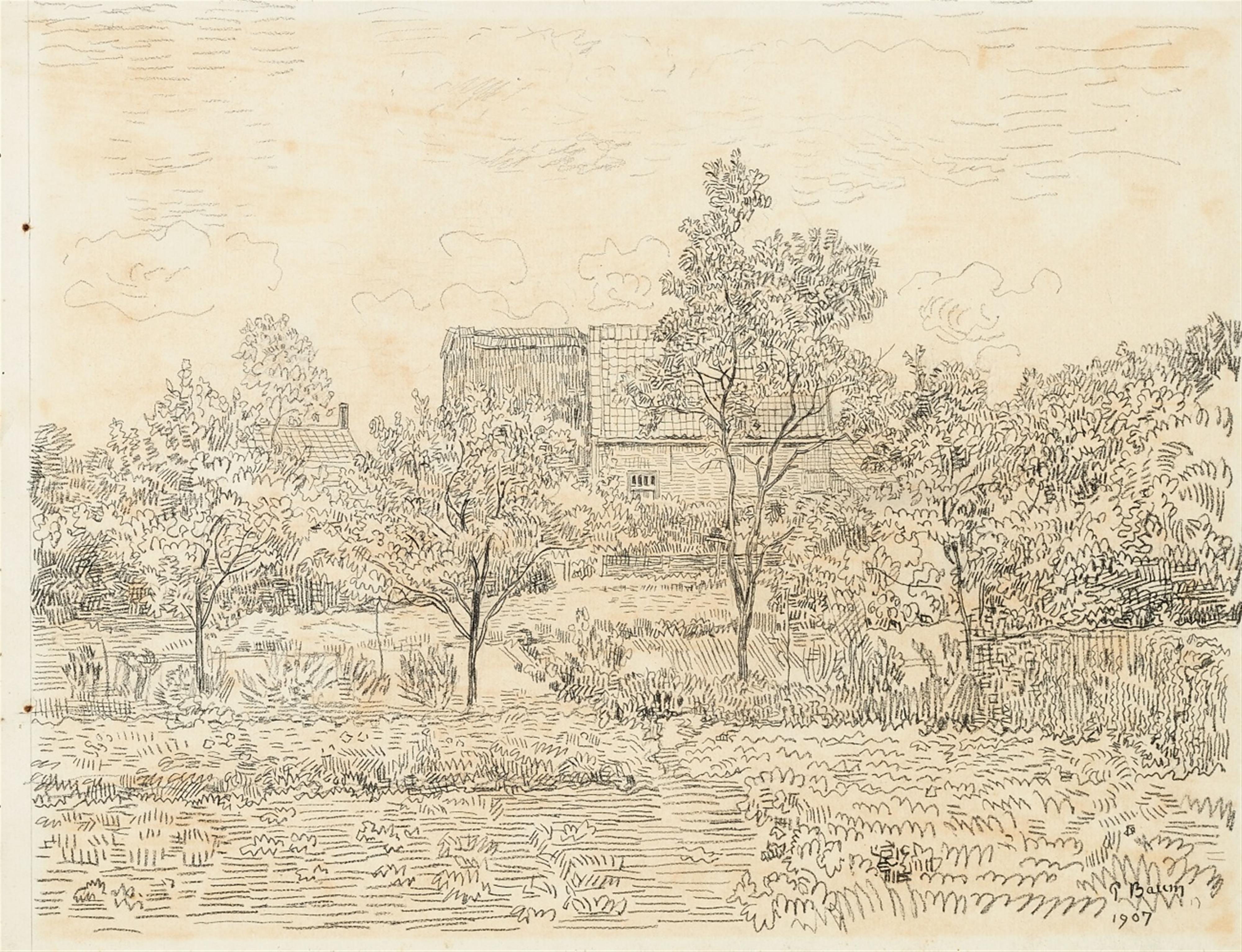 Paul Baum - Wiesen mit Gartenbäumen und Büschen vor Gehöften und Kirchturm in St. Anna - image-1