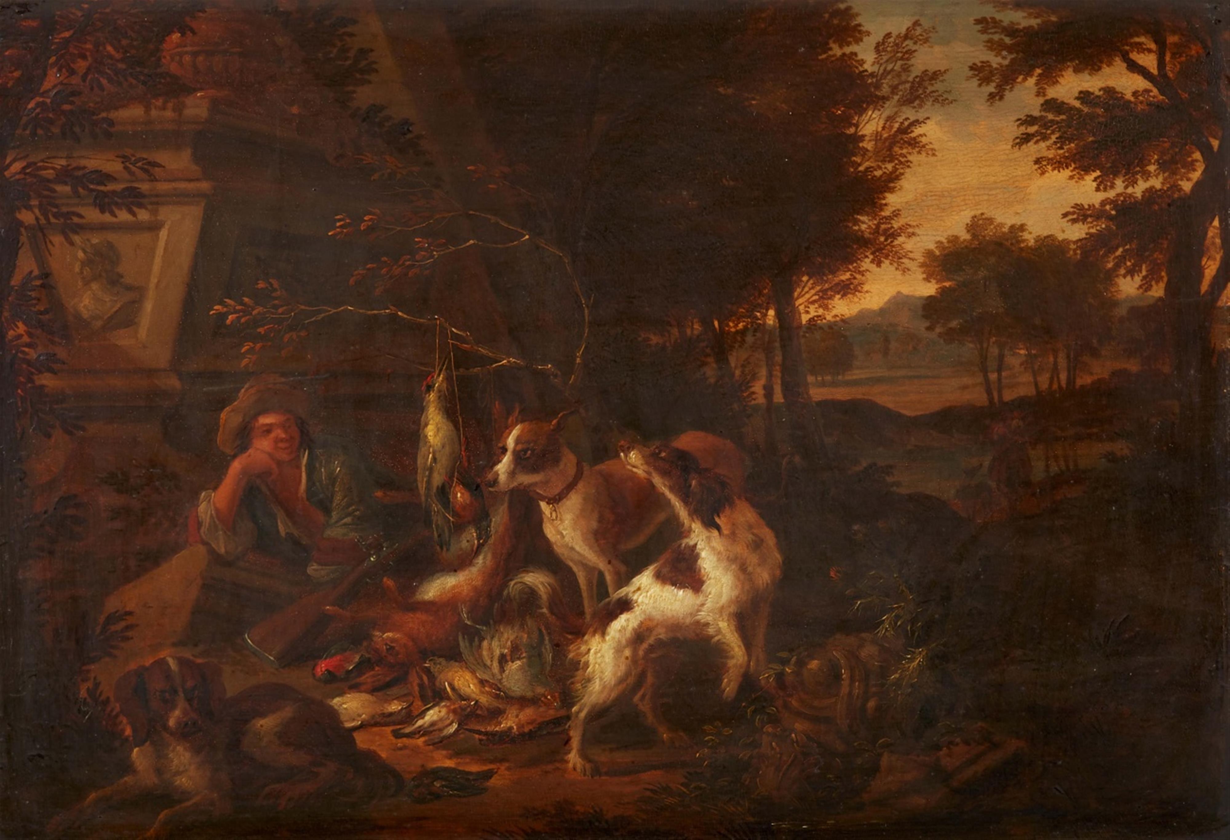 Adriaen de Gryef - Jäger mit seinen Hunden und erlegtem Wild vor weiter Landschaft - image-1