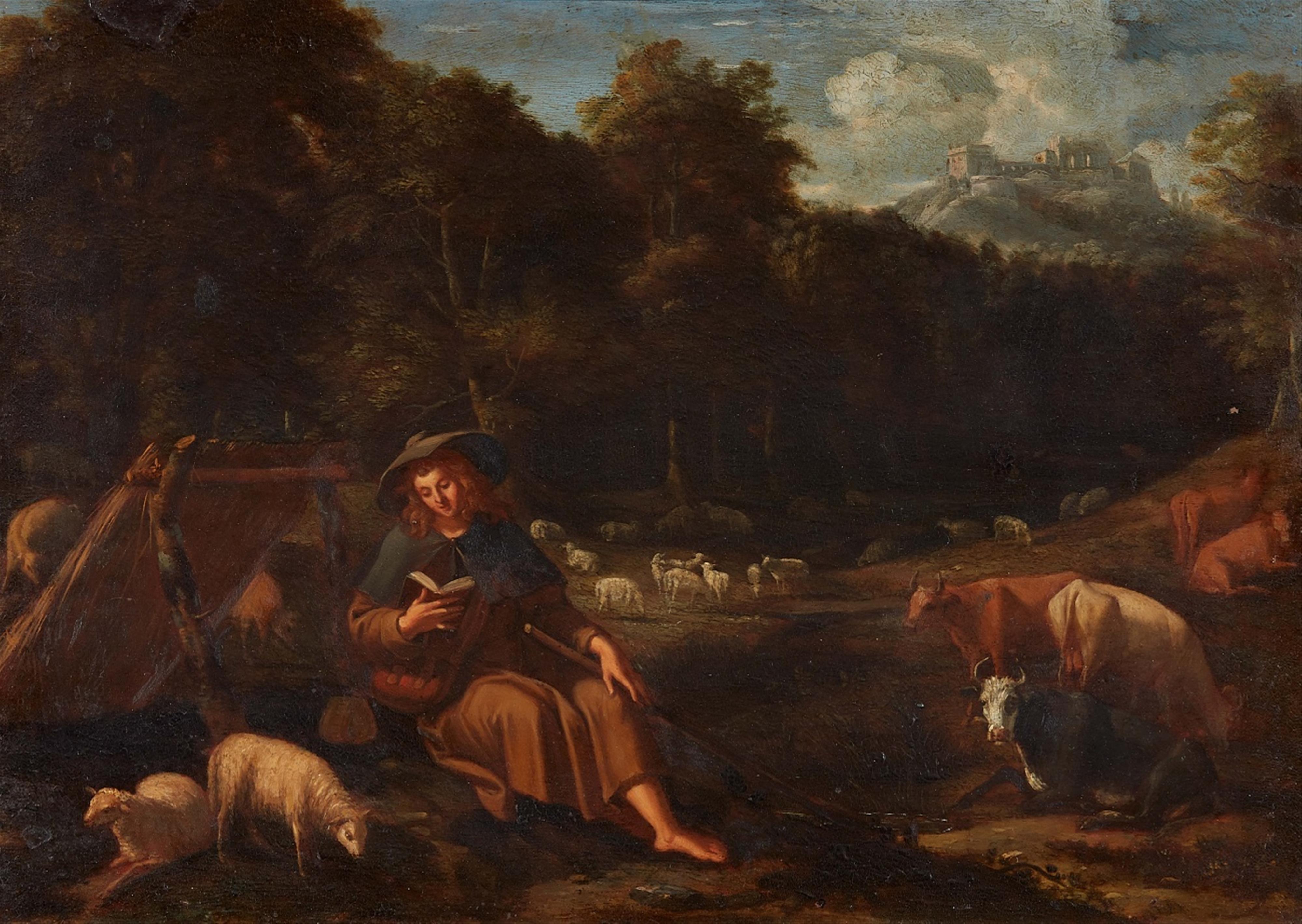 Probably Netherlandish School 18th century - A Shepherd Reading by Grazing Cattle - image-1