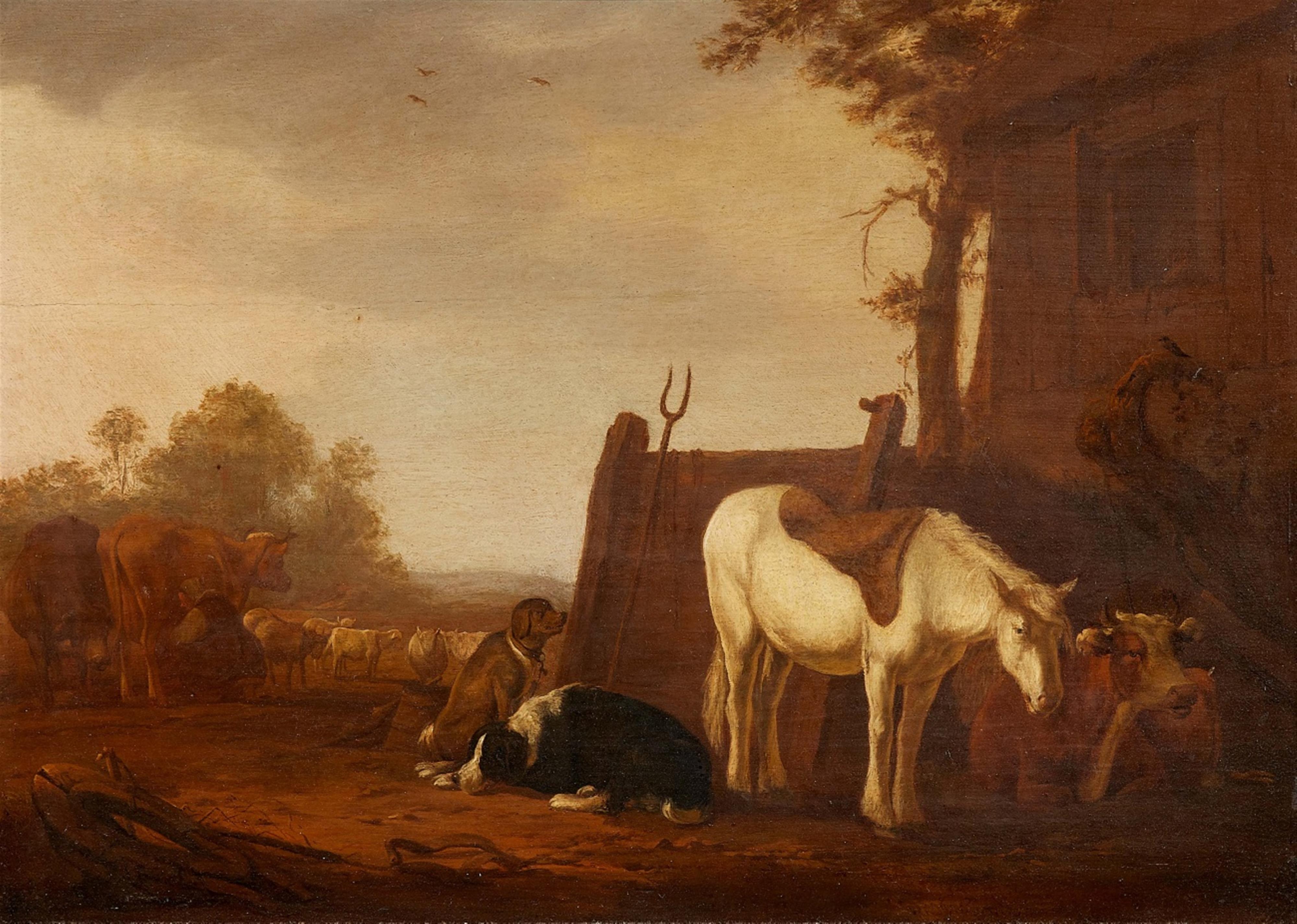 Govert Dircksz. Camphuysen - Landschaft mit Bauernhaus, Kühen, Schafen, Schimmel und Hunden - image-1