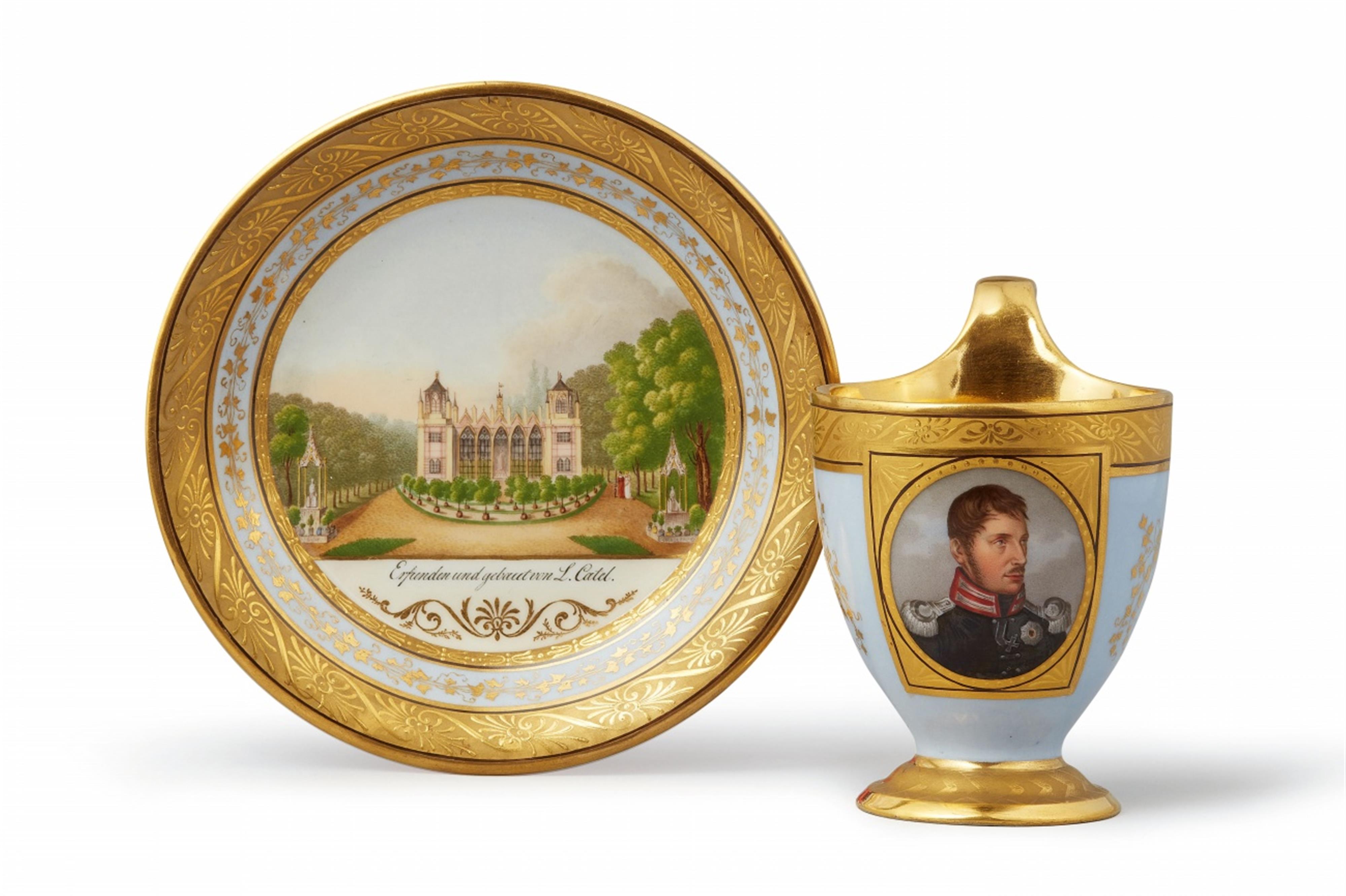 An important Berlin KPM porcelain cup with a portrait of Friedrich Wilhelm III and saucer with a view of Ludwig Catel's Orangery - image-1