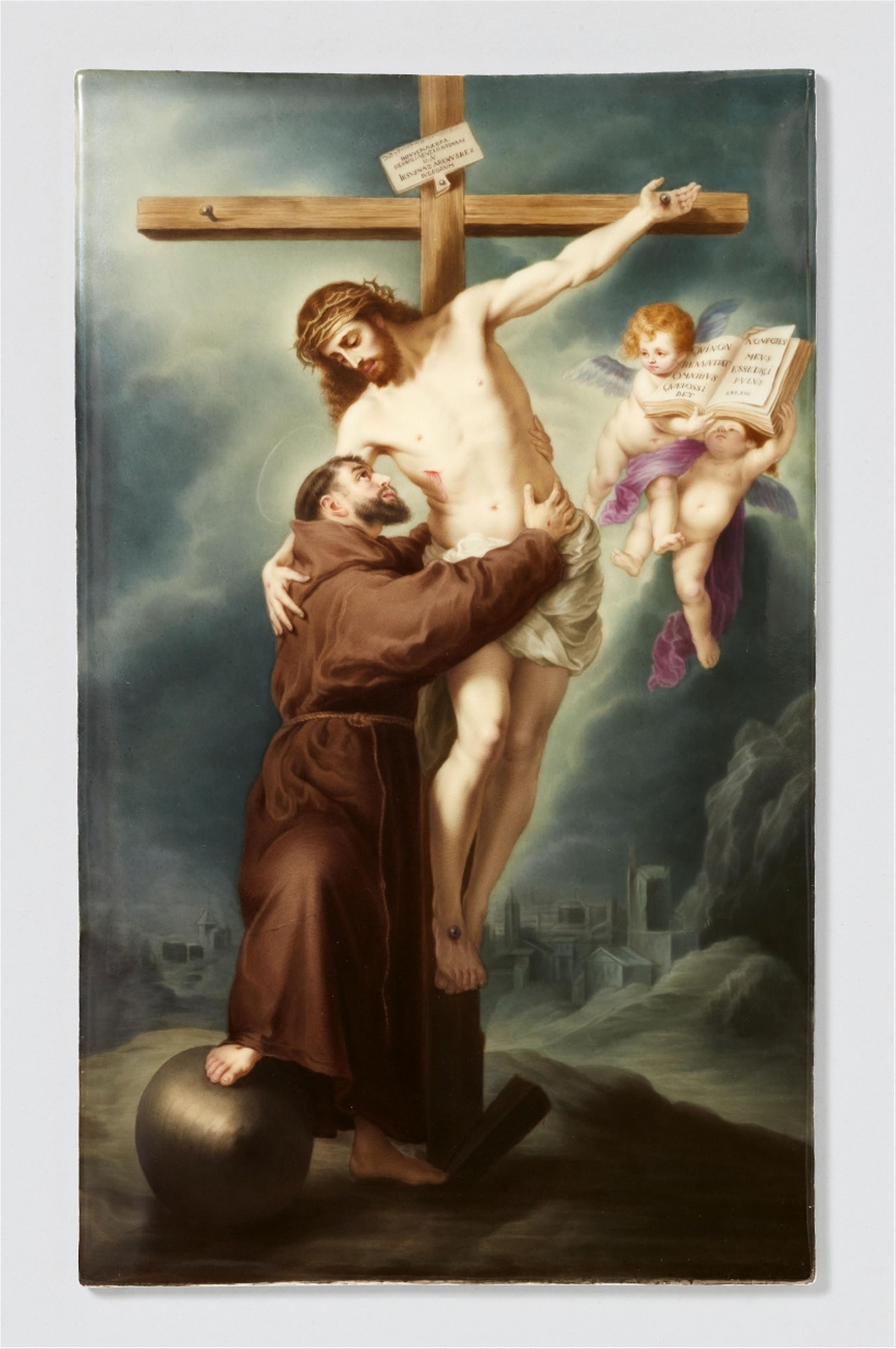 A Berlin KPM porcelain panel painted with Saint Francis of Assisi embracing the Crucified Christ

Bildplatte "Der hl. Franziskus umarmt den gekreuzigten Jesus" - image-2