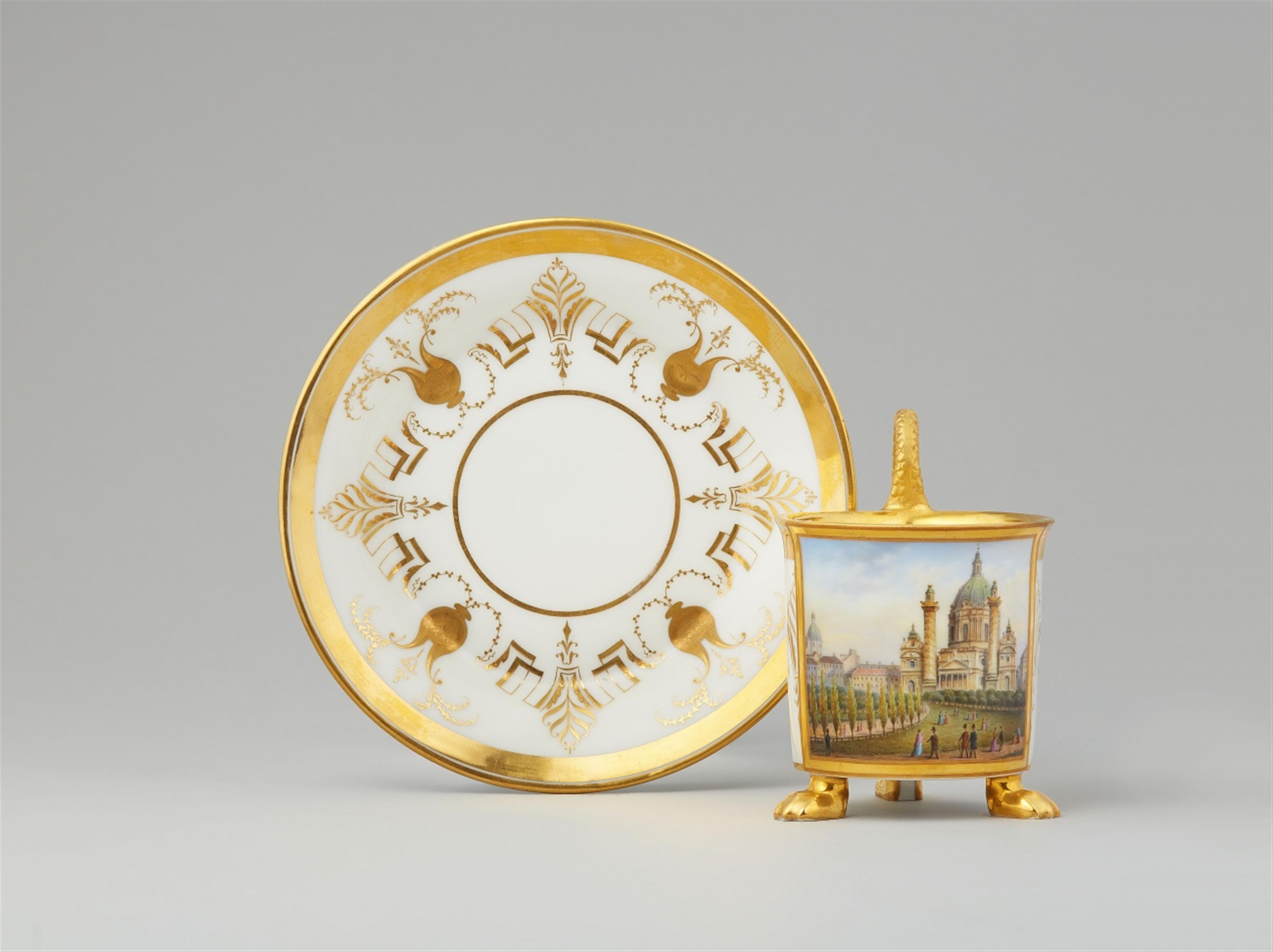 A Wahliss porcelain cup and saucer with a depiction of the Carlskirche in Vienna - image-1