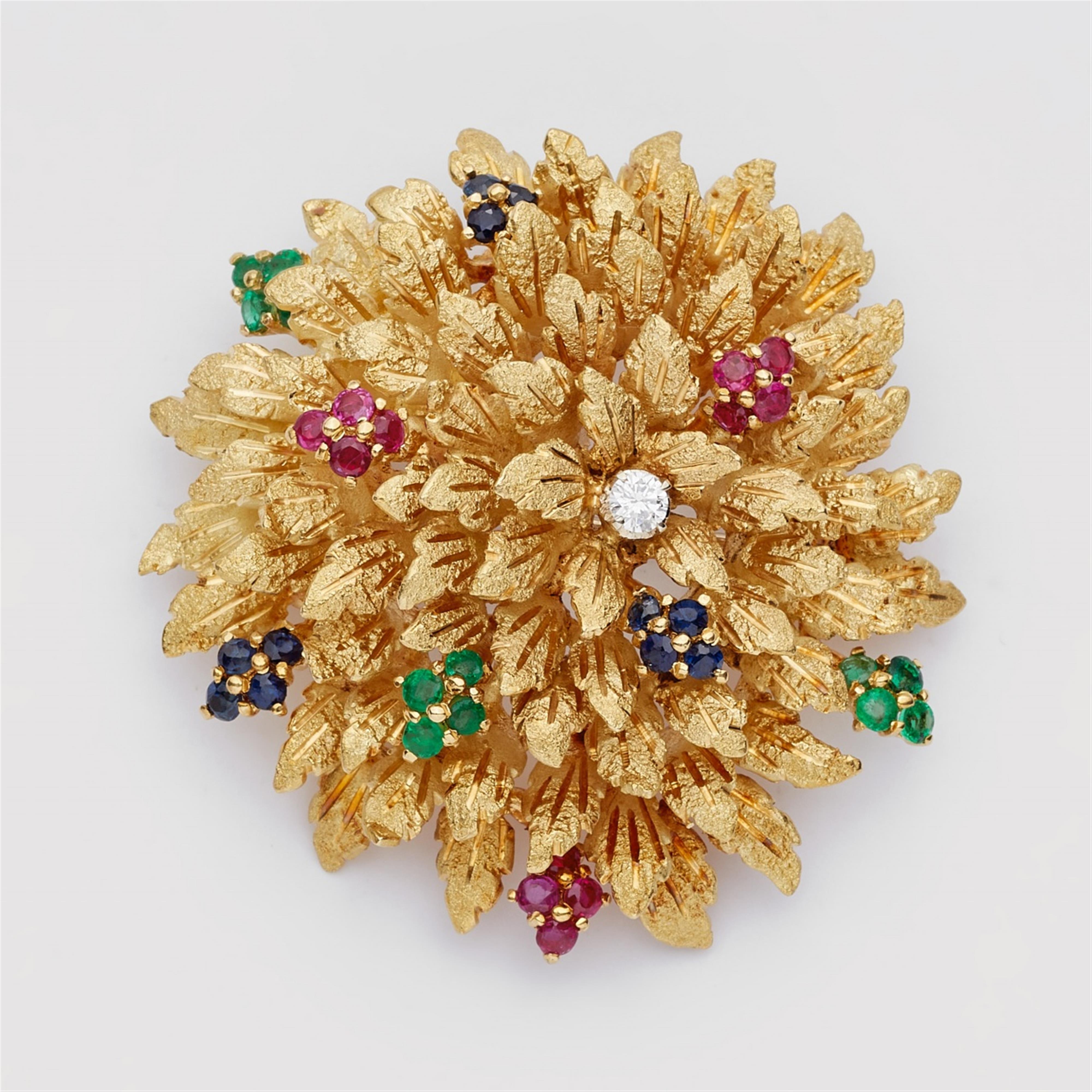 An 18k gold and coloured gemstone flower brooch - image-1
