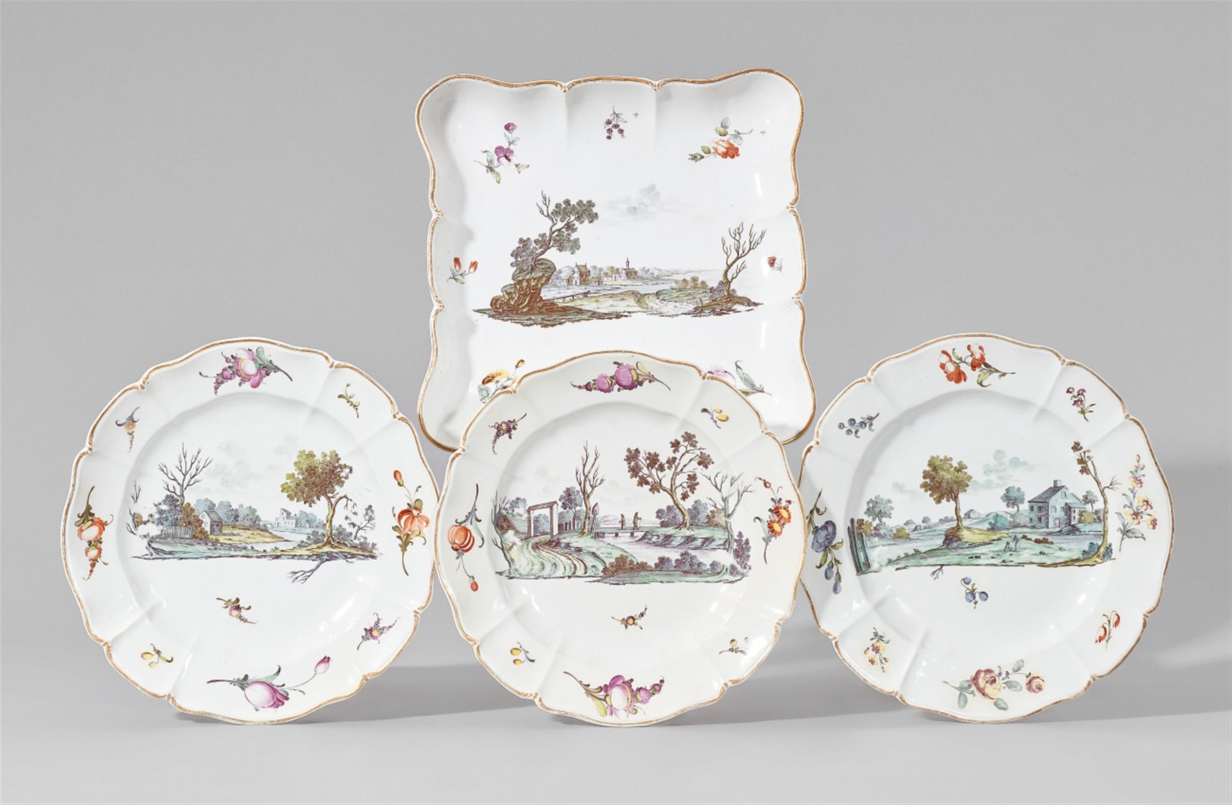 A Nymphenburg porcelain dish and three plates with green landscapes - image-1
