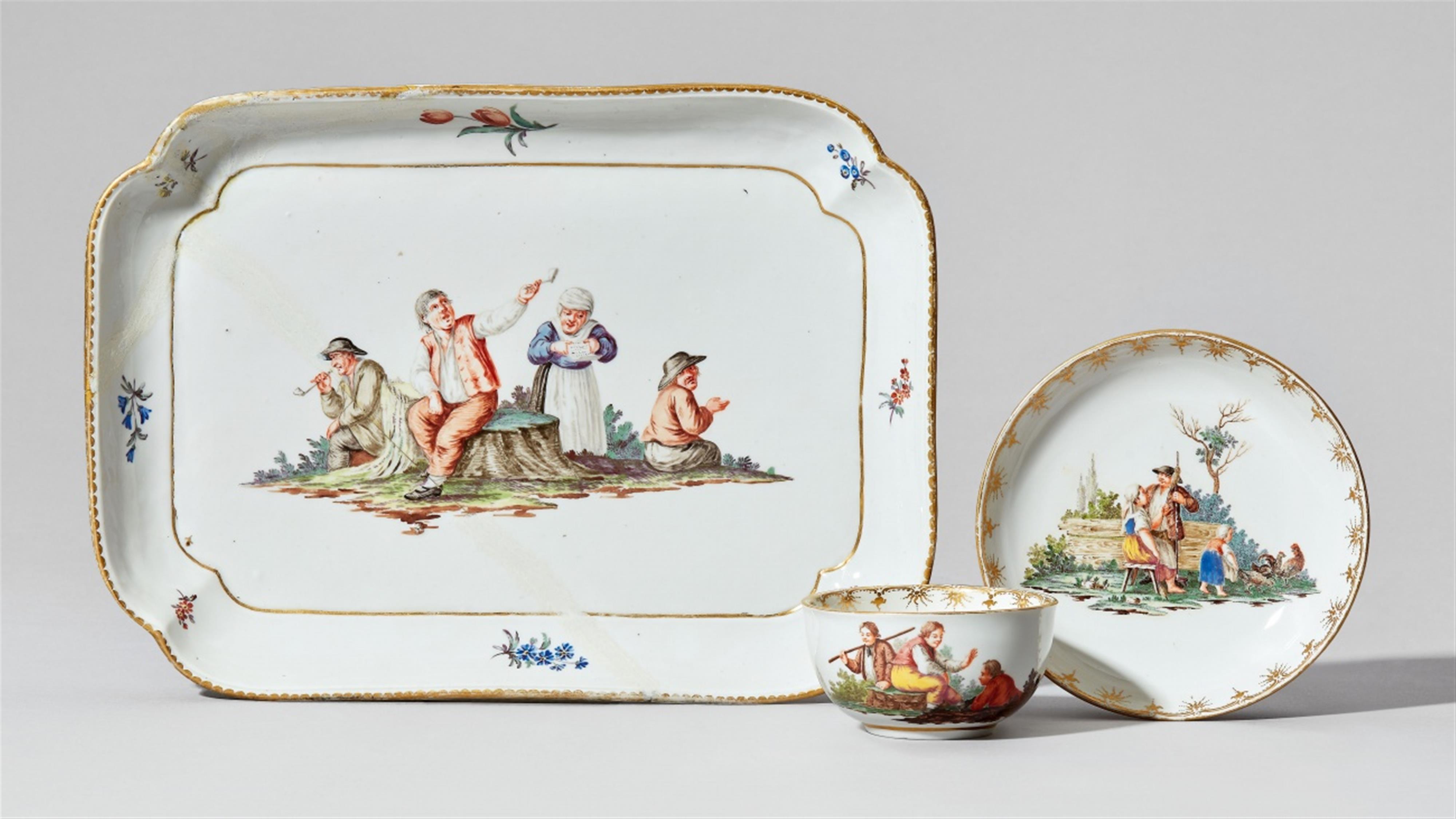 A Nymphenburg porcelain platter, cup, and saucer with peasant scenes - image-1
