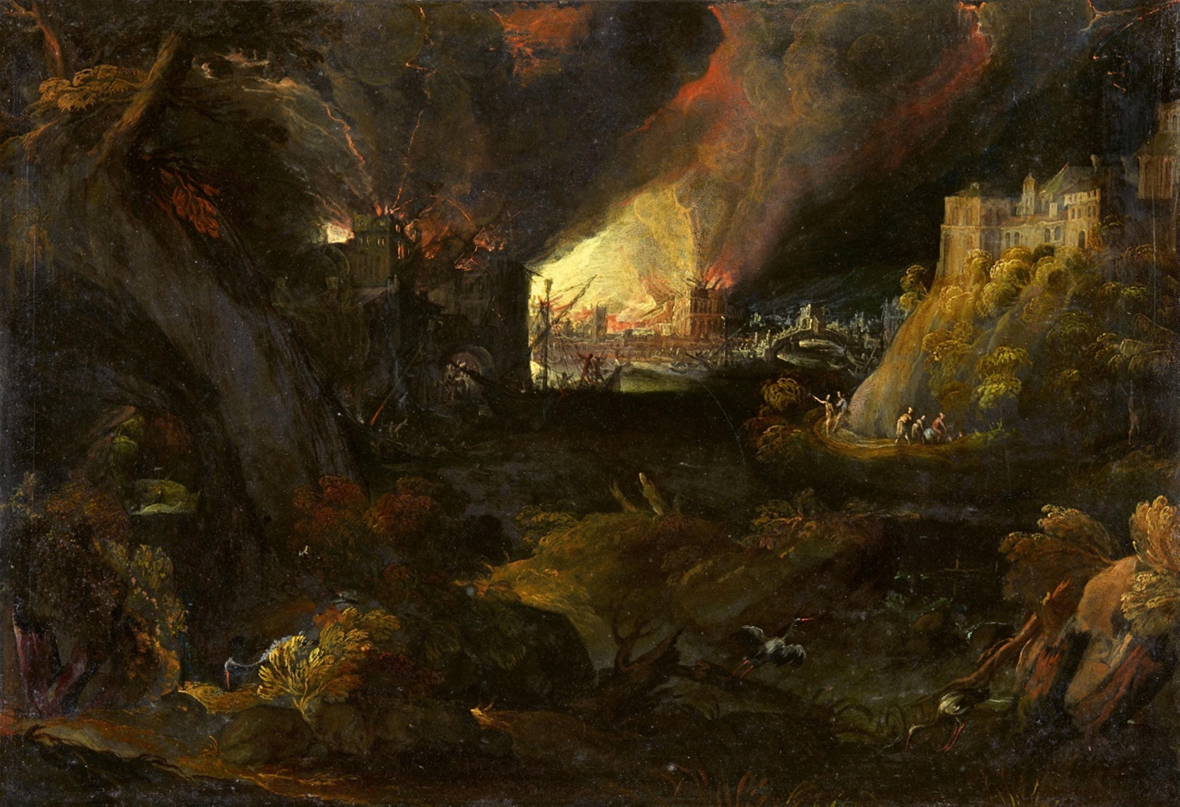 Monogramist HR - A Landscape at Night with a burning City - image-1