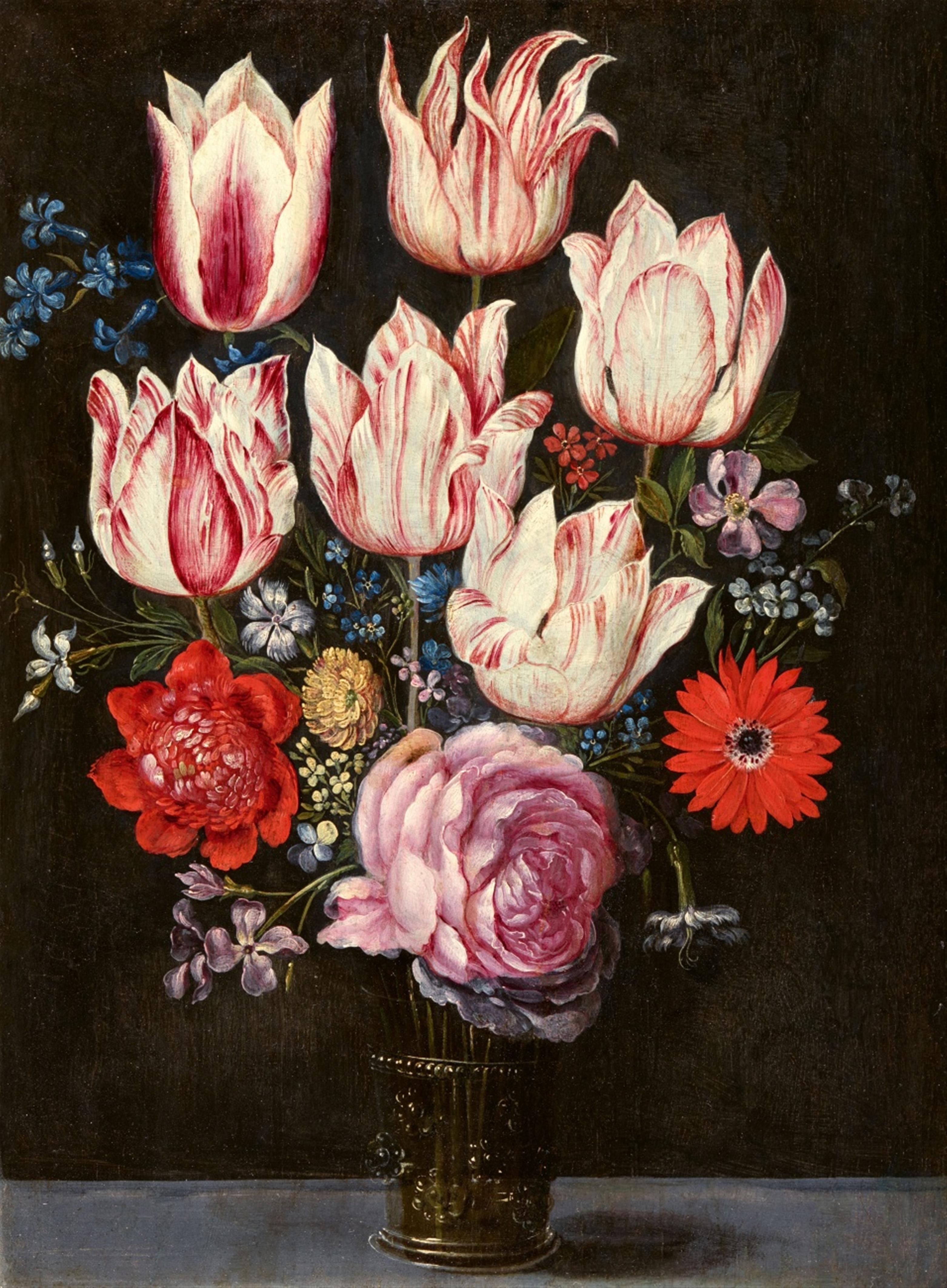 Philipp Marlier and workshop, attributed to - Flower Still Life with Tulips in a Glass Vase - image-1