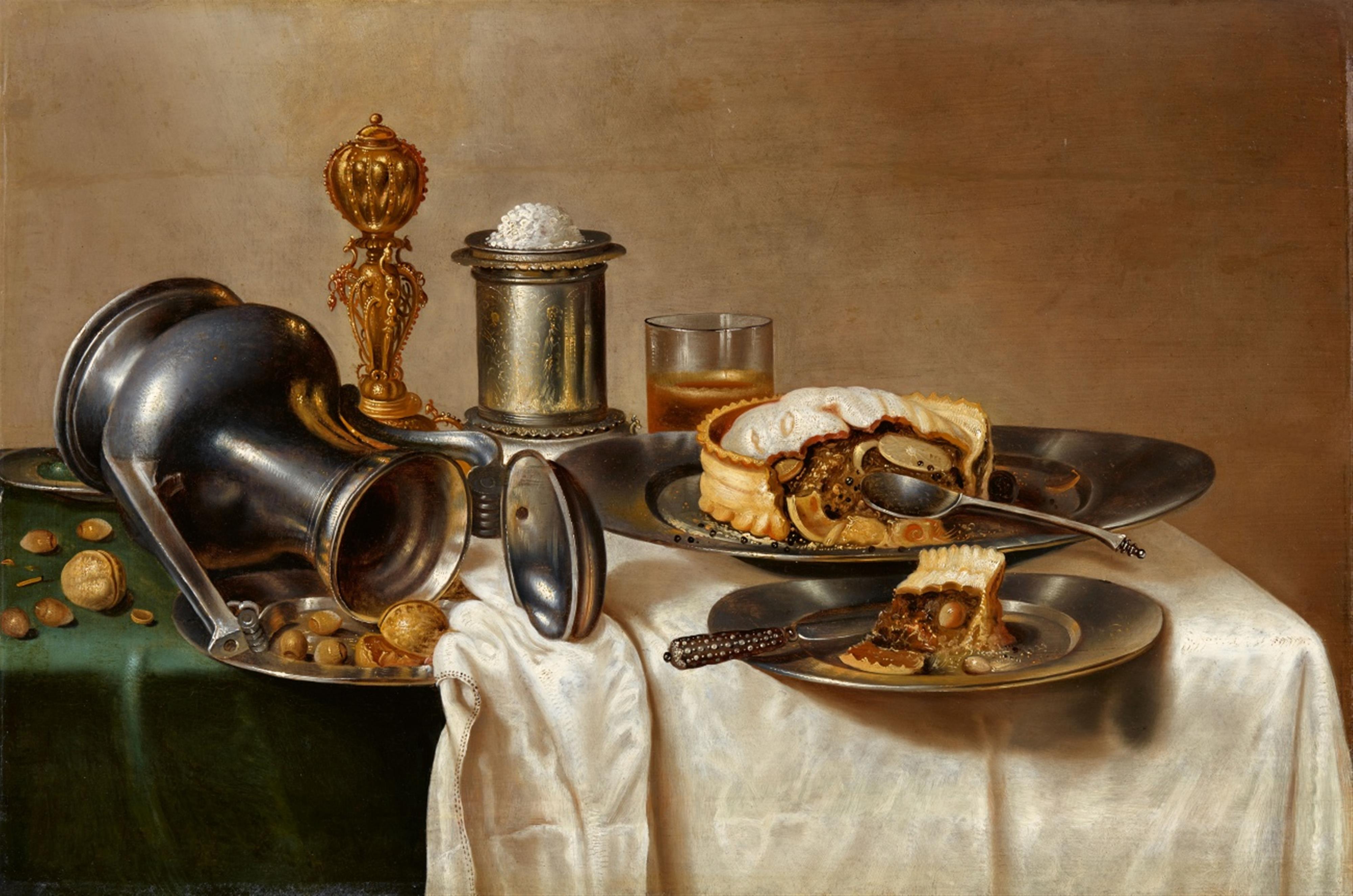 Cornelis Mahu - Still Life with a Pastry, Nuts, a Salt Dish, Pewter Plates, and a Pitcher - image-1