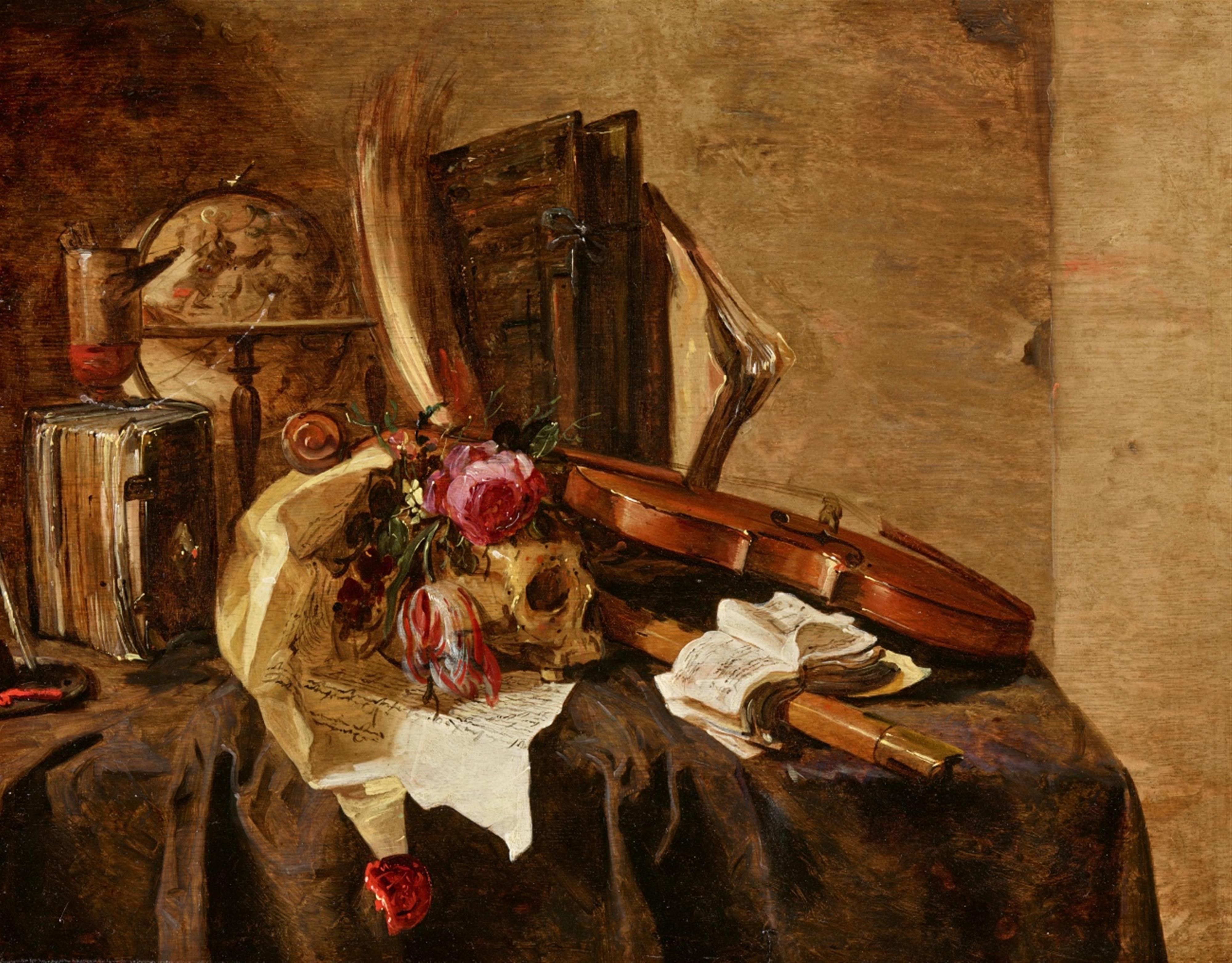 Jacques de Claeuw - Vanitas Still Life with Books, Flowers, a Skull, Globe and Violin - image-1