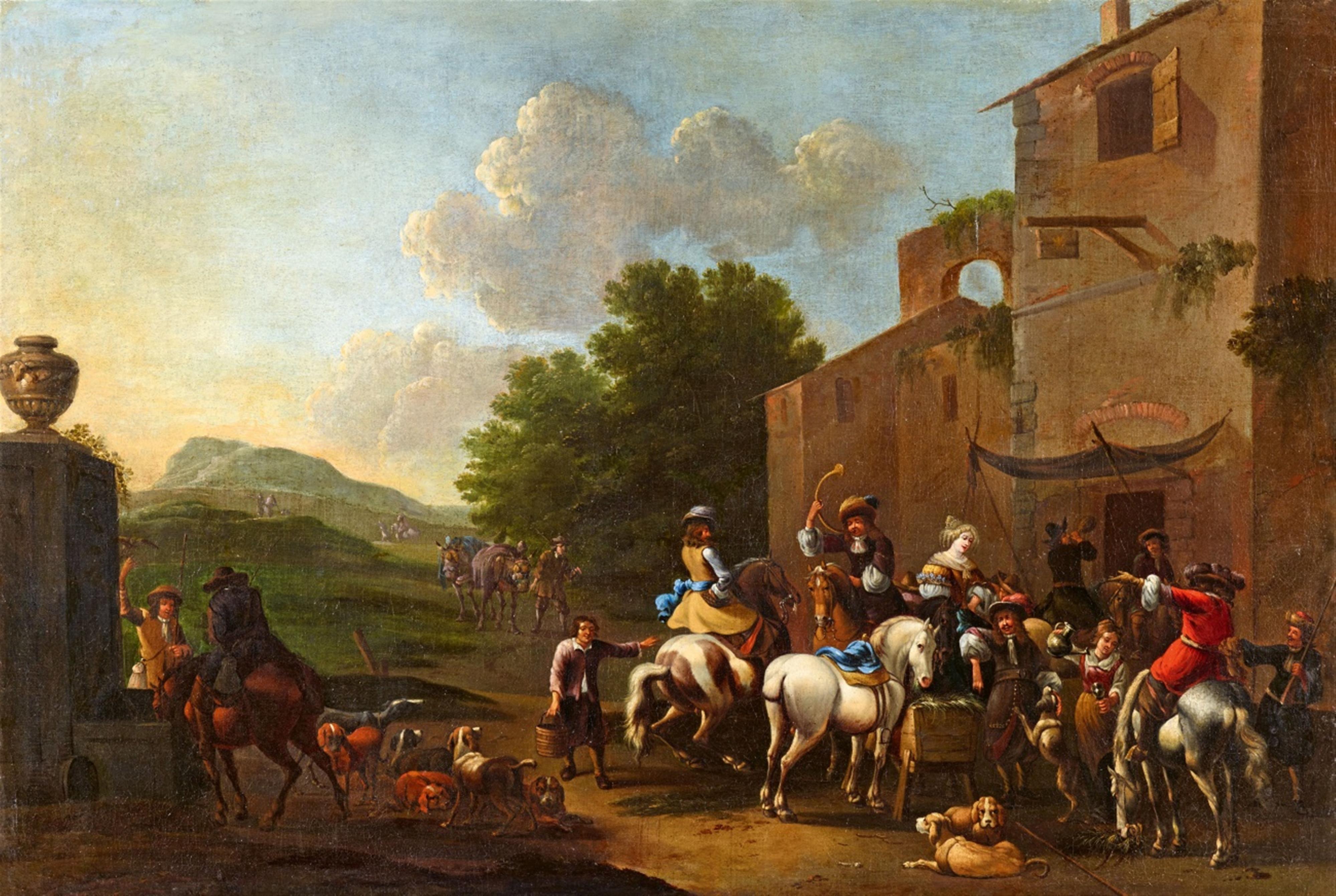 Simon Johannes van Douw - Landscape with a Hunting Party by a Tavern - image-1