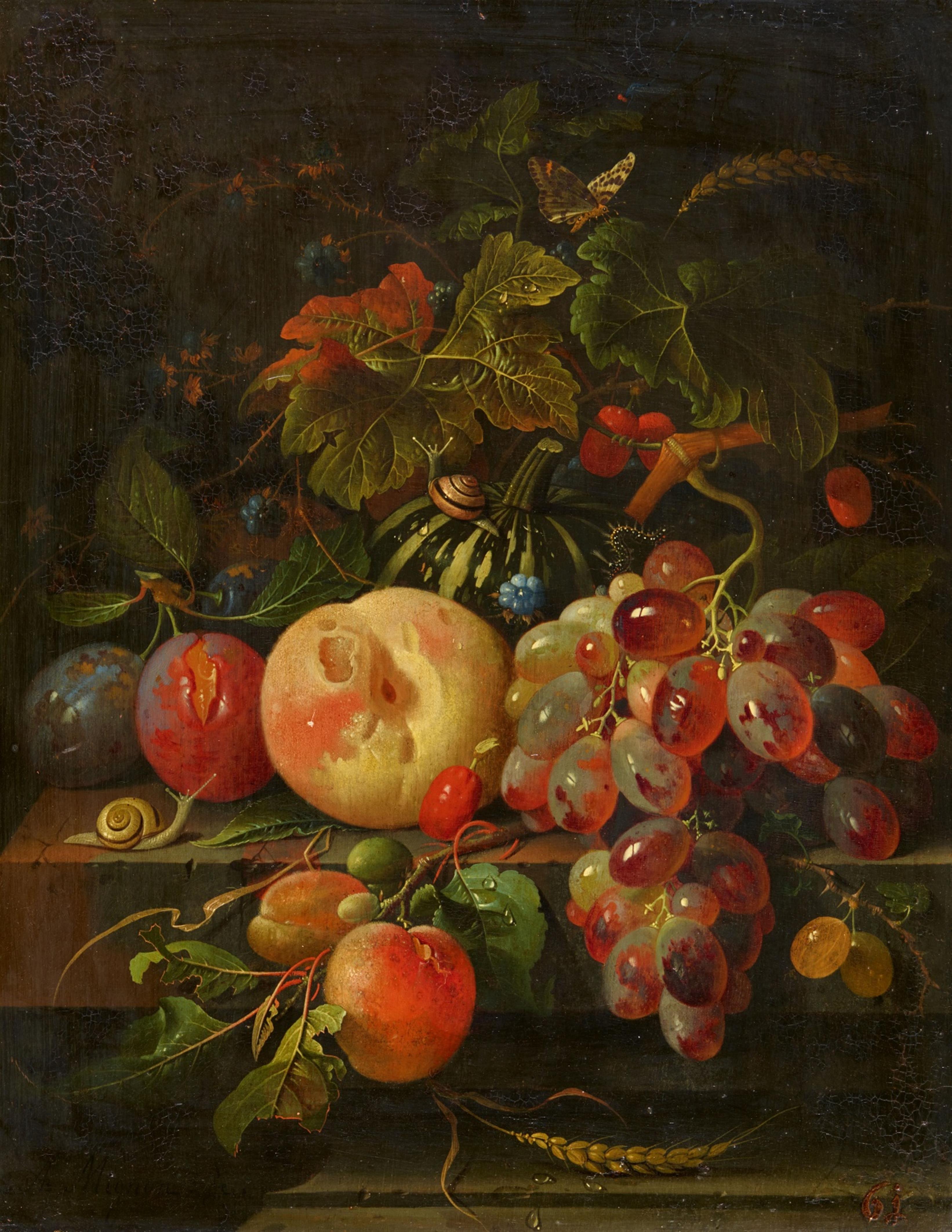 Abraham Mignon - Still Life with a Pumpkin, Peach, Damsens, Grapes, and Insects - image-1