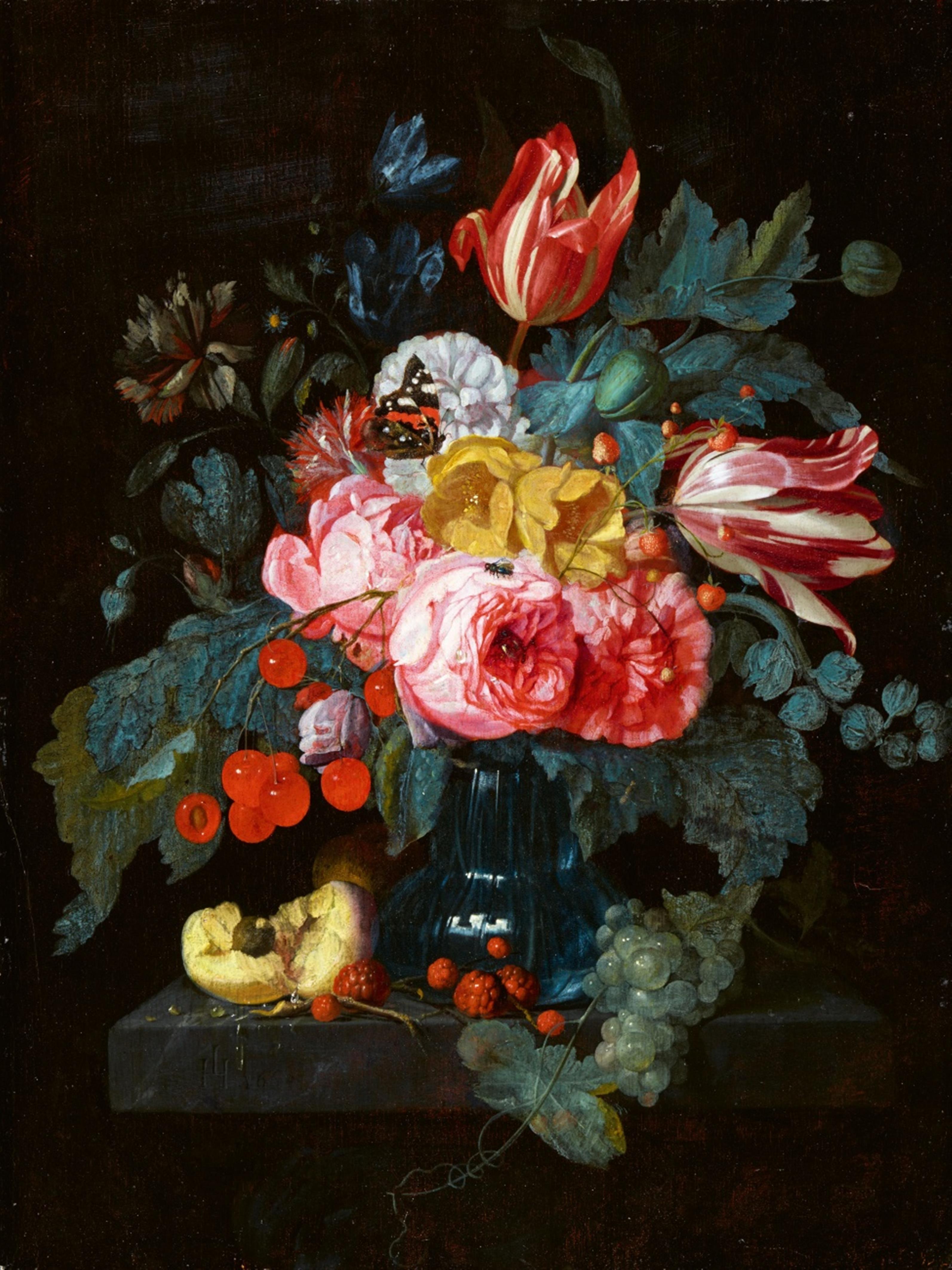 Johannes Hannot - Blumenstillleben mit Rosen und Tulpen in einer Glasvase auf einer Steinplatte - image-1