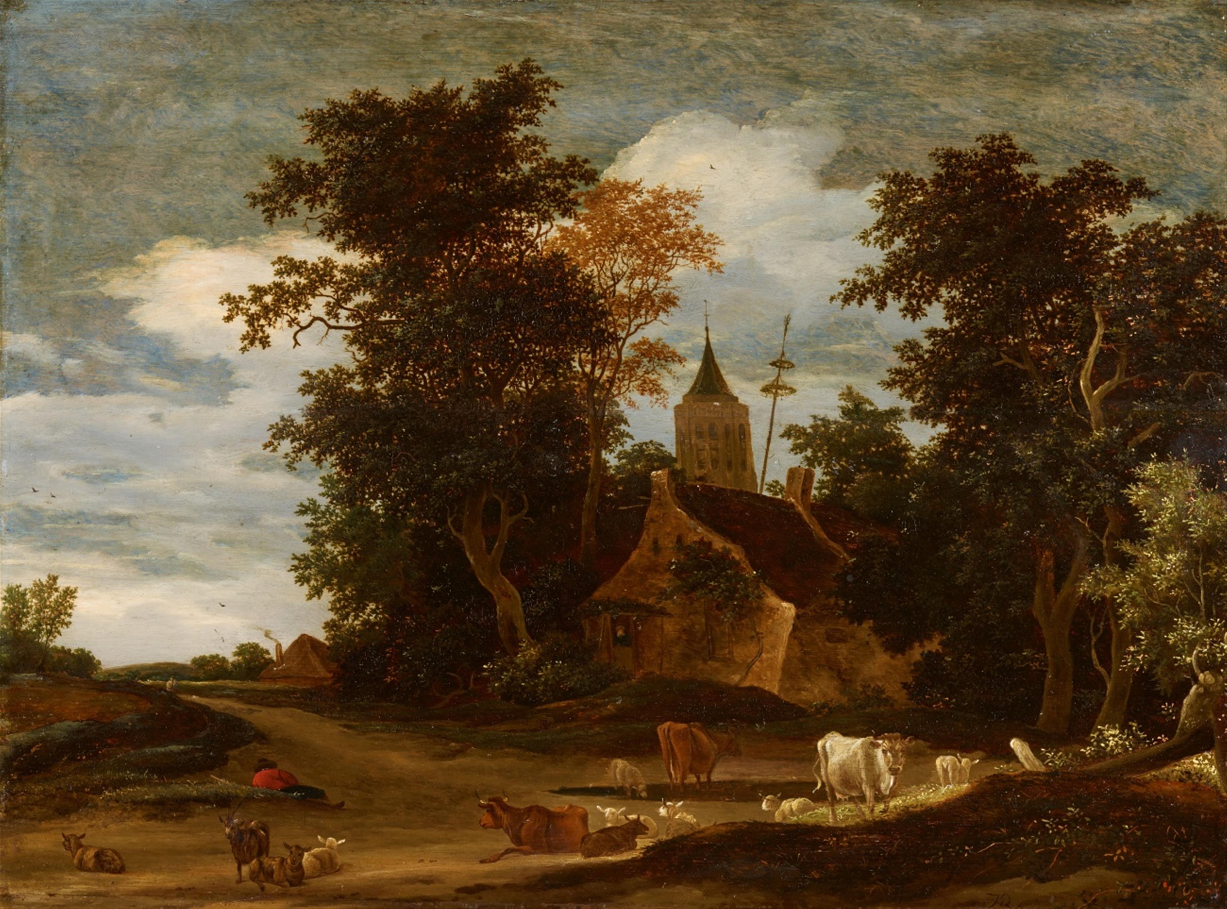 Jacob Salomonsz. van Ruysdael - Bewaldete Landschaft mit Kirchturm und Rindern - image-1