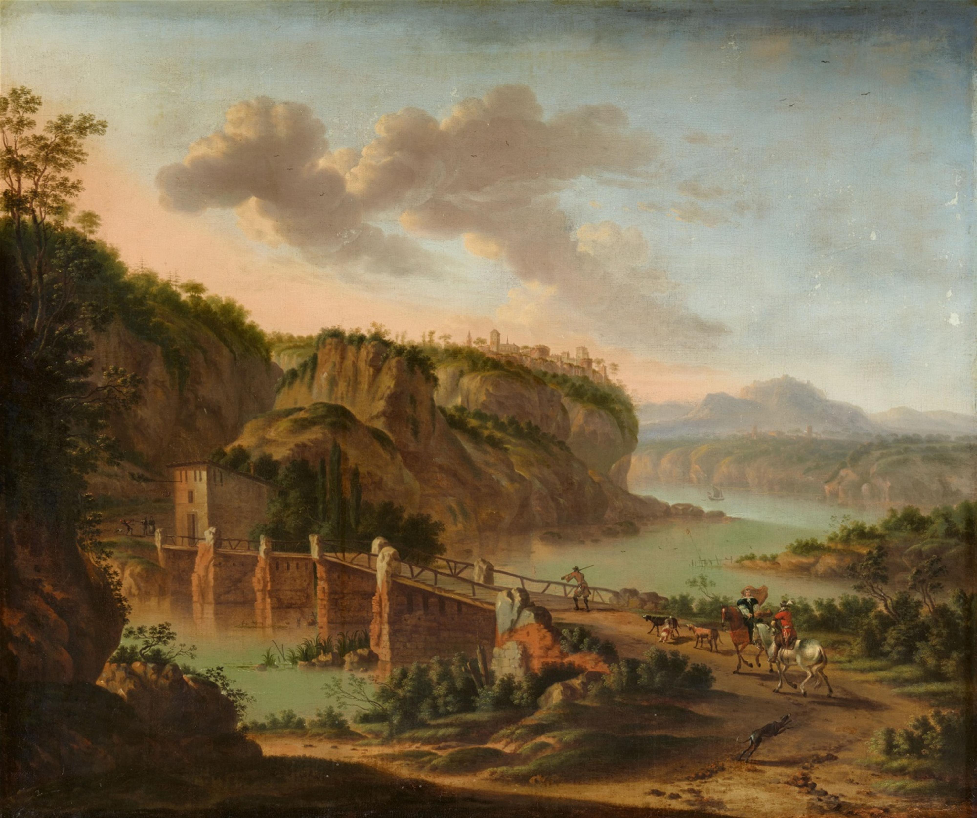 Horatius de Hooch - Südliche Landschaft mit Jägern bei einer Brücke - image-1