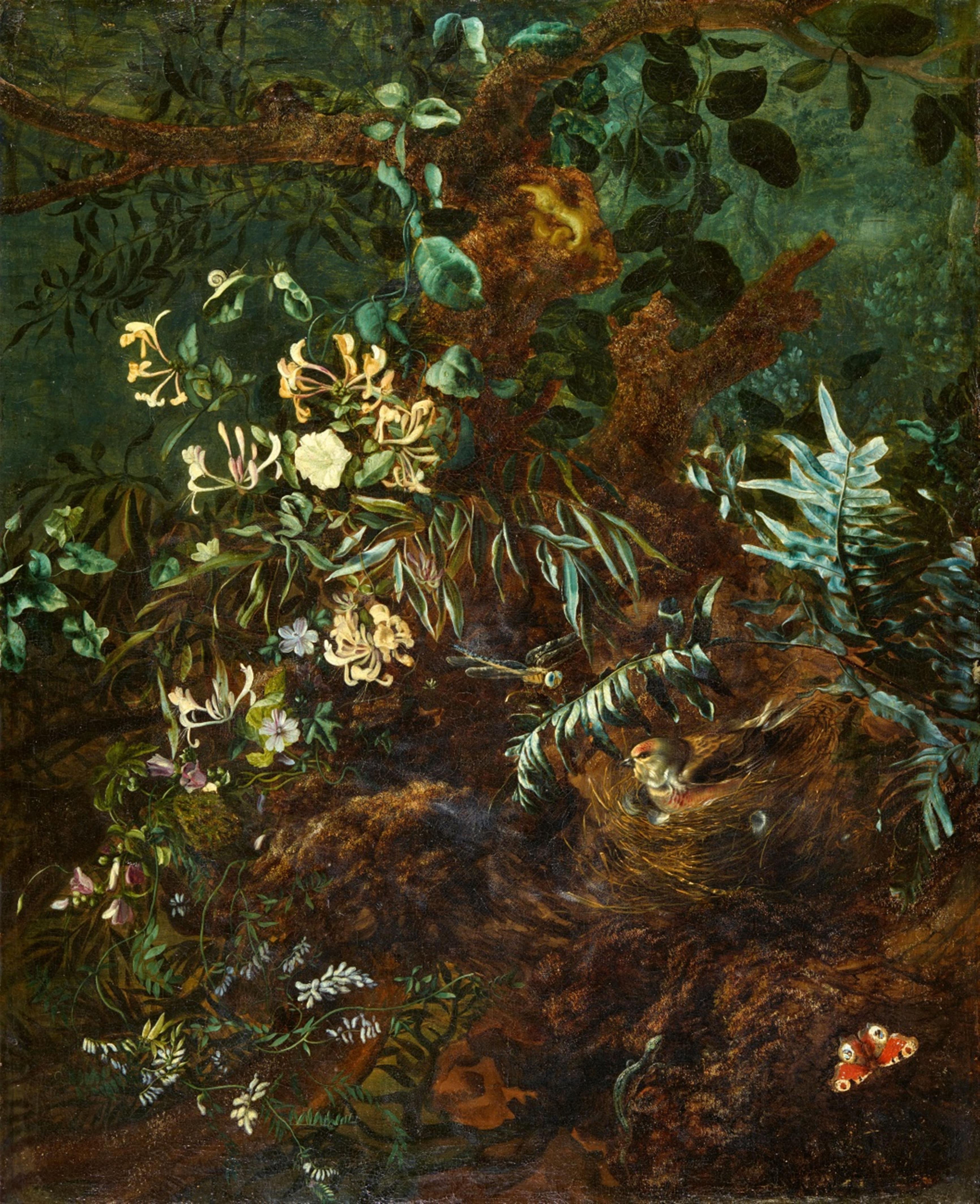 Isac Vromans - Waldbodenstillleben mit Vogelnest, Libelle, Pfauenfalter, Eidechse und weißen Azaleen - image-1