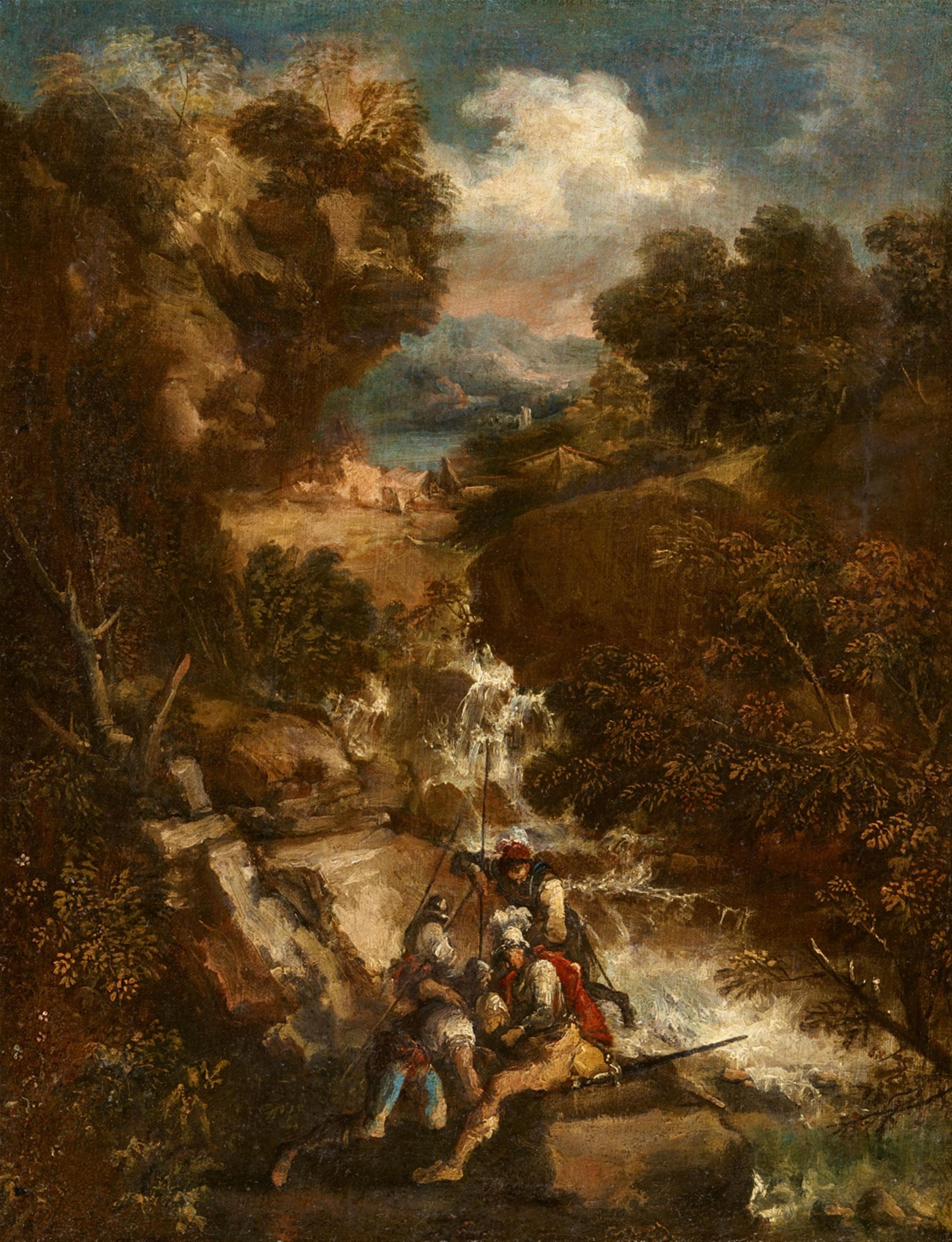 Antonio Maria Marini - Bewaldete Landschaft mit einem Wasserfall und Soldaten - image-1