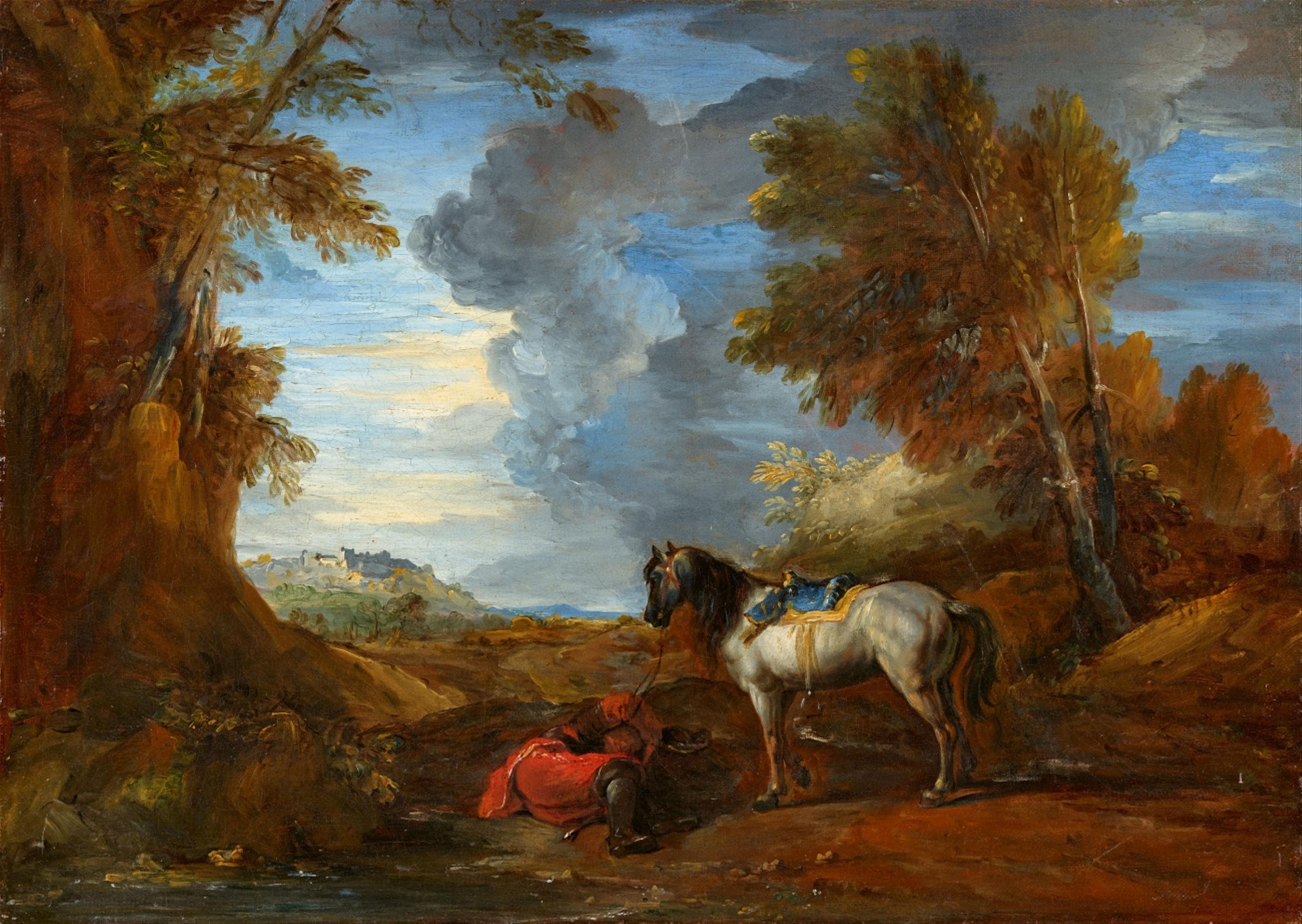 Charles Parrocel - Landscape with a Sleeping Horseman and a Saddled White Horse - image-1
