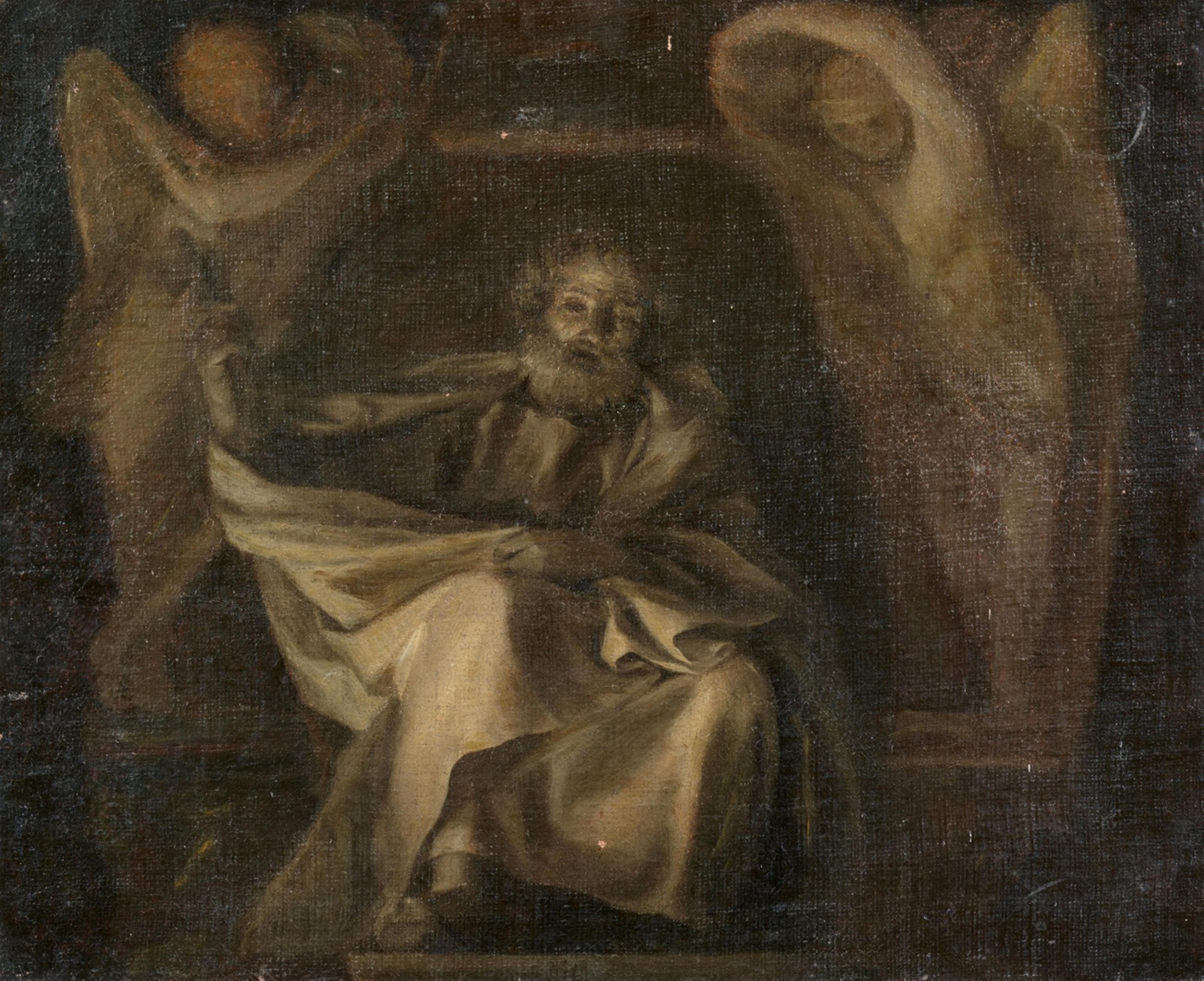 Anton Raphael Mengs - Hl. Petrus mit Schlüsseln, gerahmt von zwei Engeln. Grisaillebozzetto für das Fresko in der Sala dei Papiri im Palazzo Apostolico Vaticano, Rom - image-1