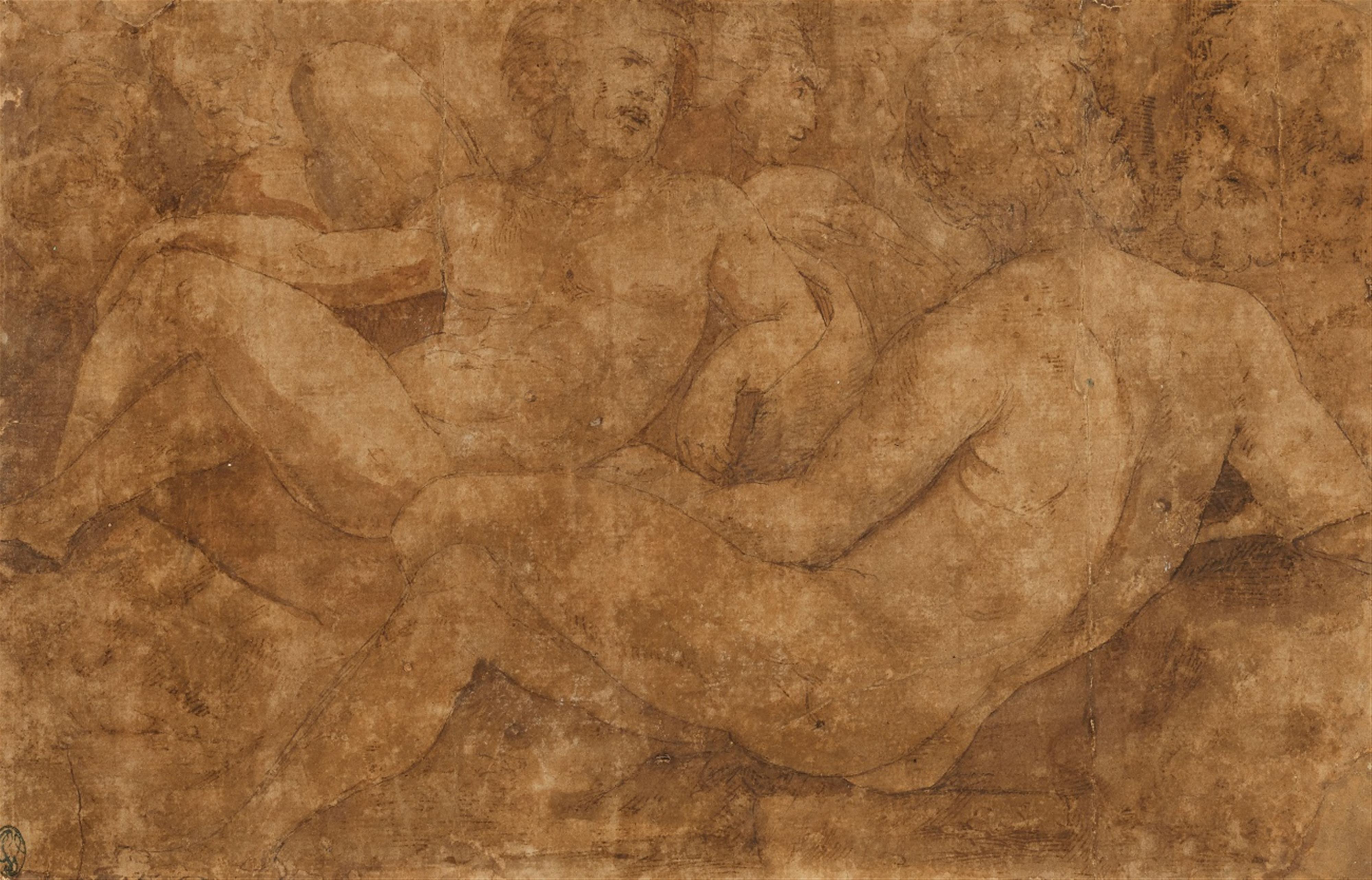 Polidoro da Caravaggio, zugeschrieben - Studienblatt mit männlichen Akten und Köpfen - image-1