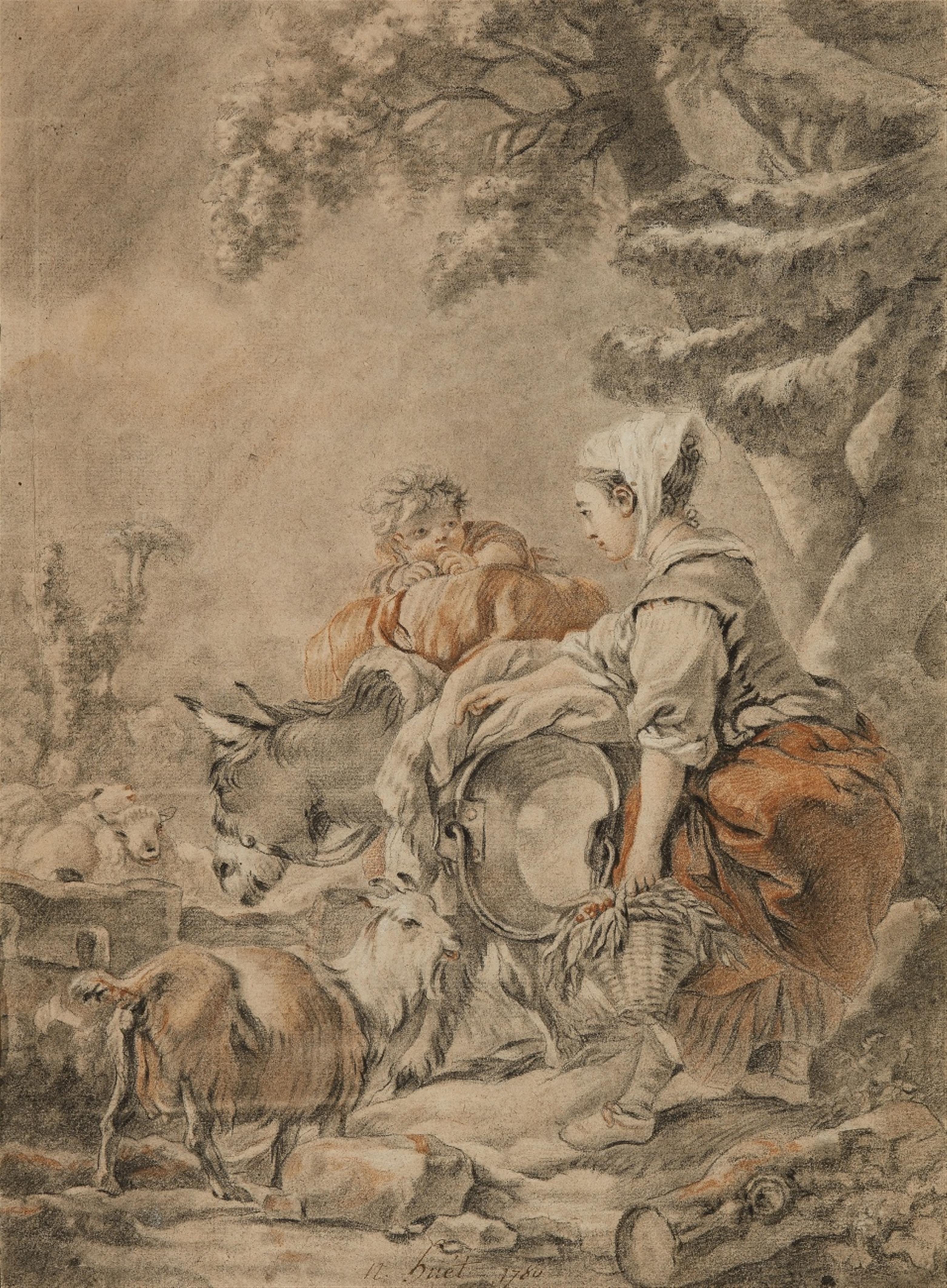 Nicolas Huet the elder - Shepherdess with Goats and a Donkey - image-1