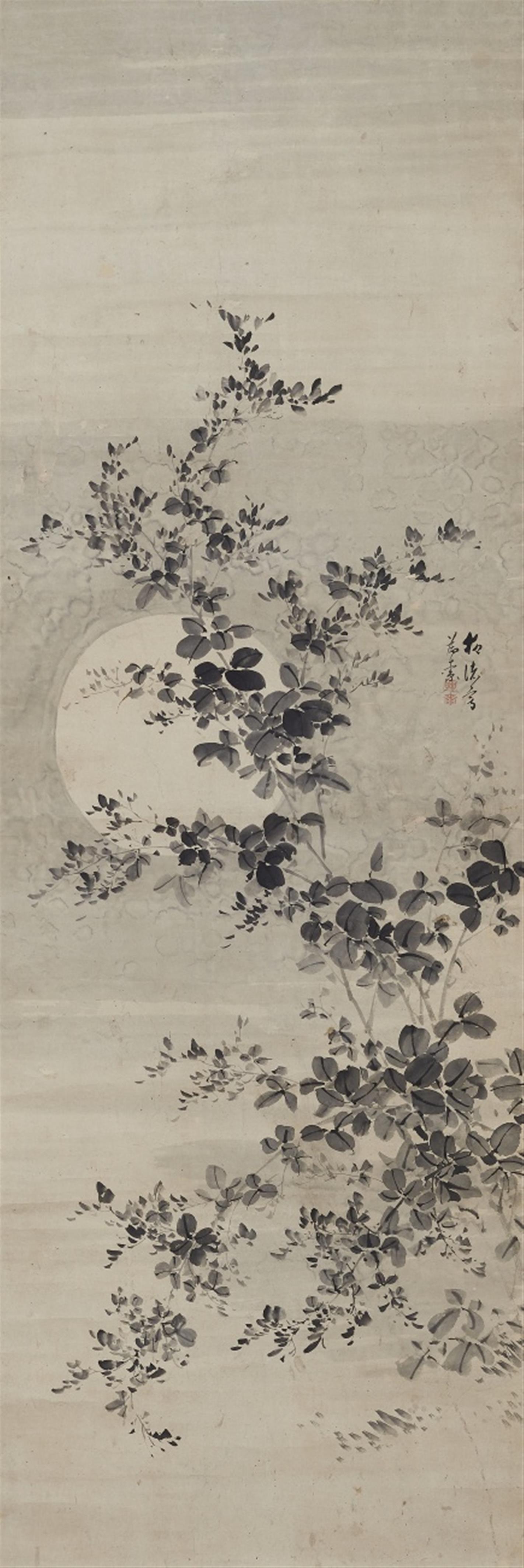 Unidentified painter . 19th century - Hanging scroll, depicting blossoming hagi underneath a full moon. Ink on paper. Signed and sealed. - image-1