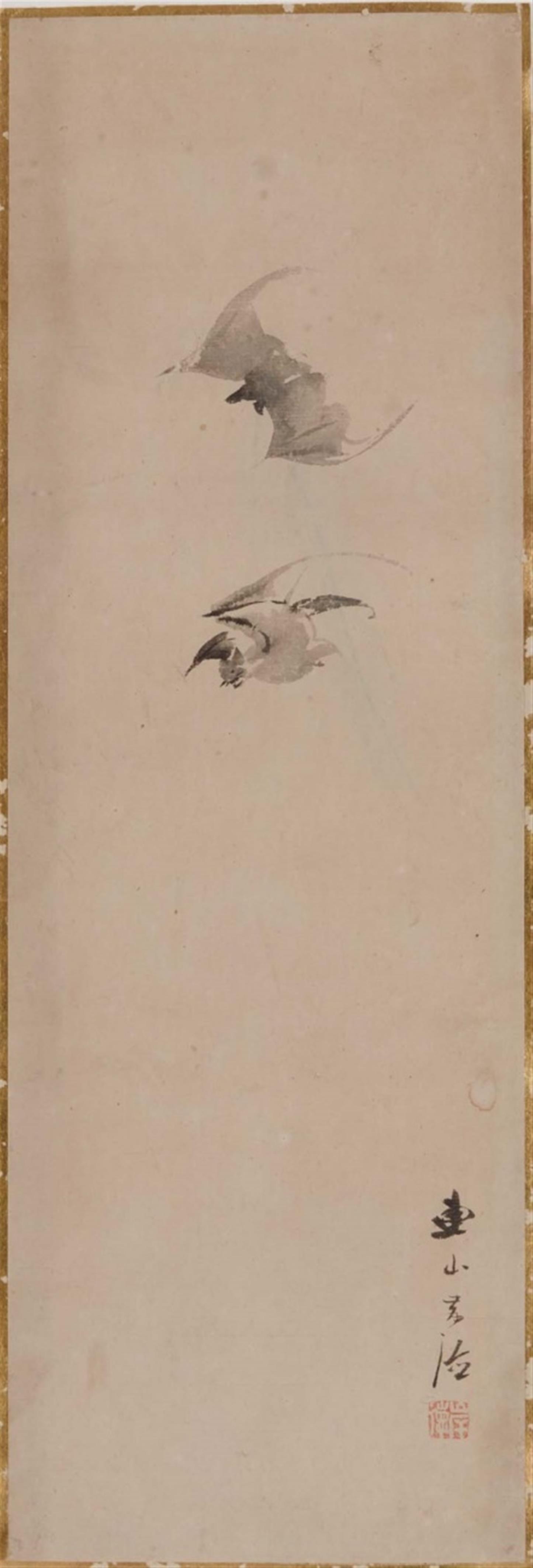 Kishi Renzan - An o-tanzaku, depicting two bats. Ink on paper. Signed Renzan Gantoku and sealed Gantoku. Matted, framed and glazed. - image-1
