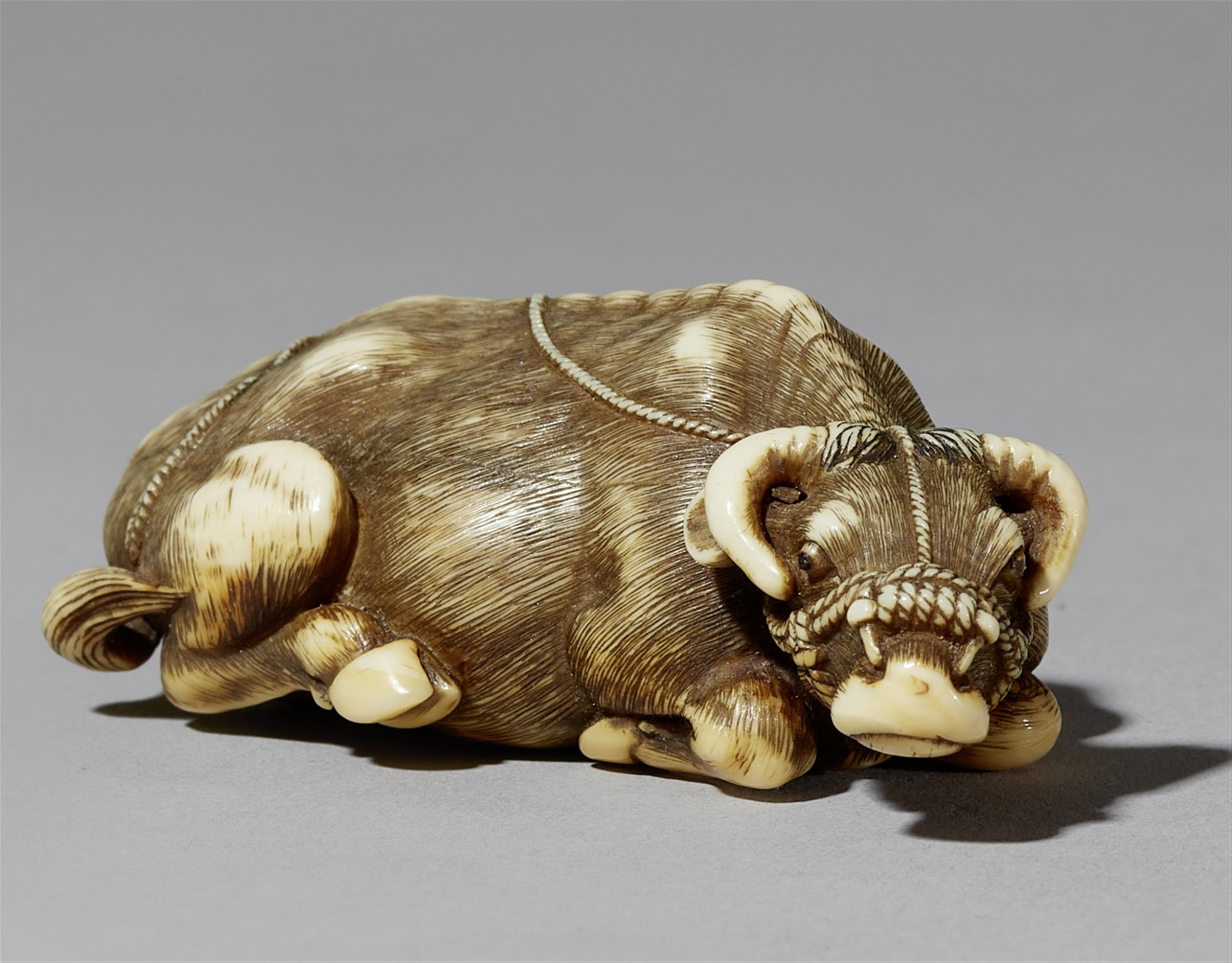 An ivory netsuke of a recumbent ox. Early 19th century - image-1