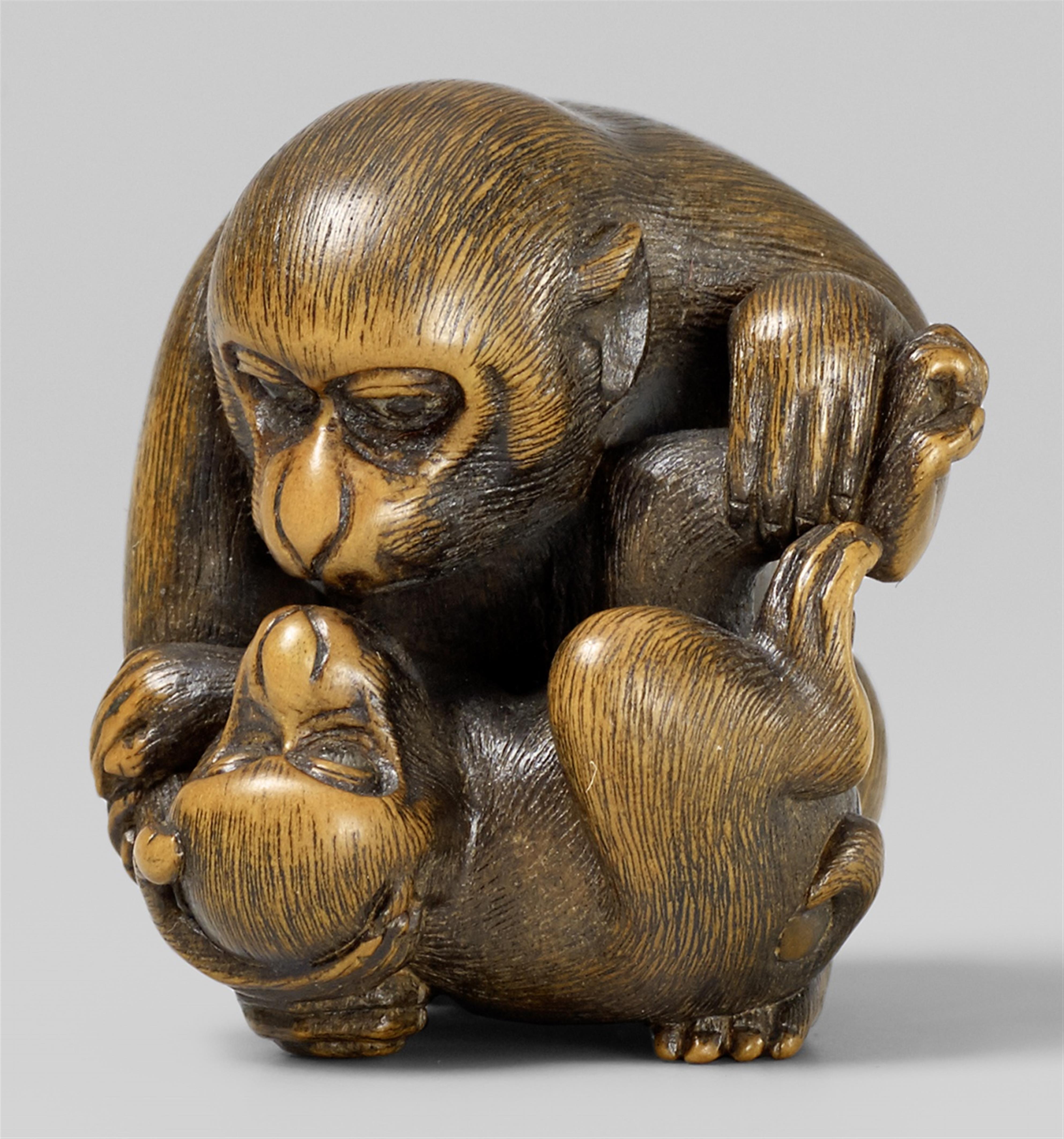 A boxwood netsuke of a monkey and young. Mid-19th century - image-1