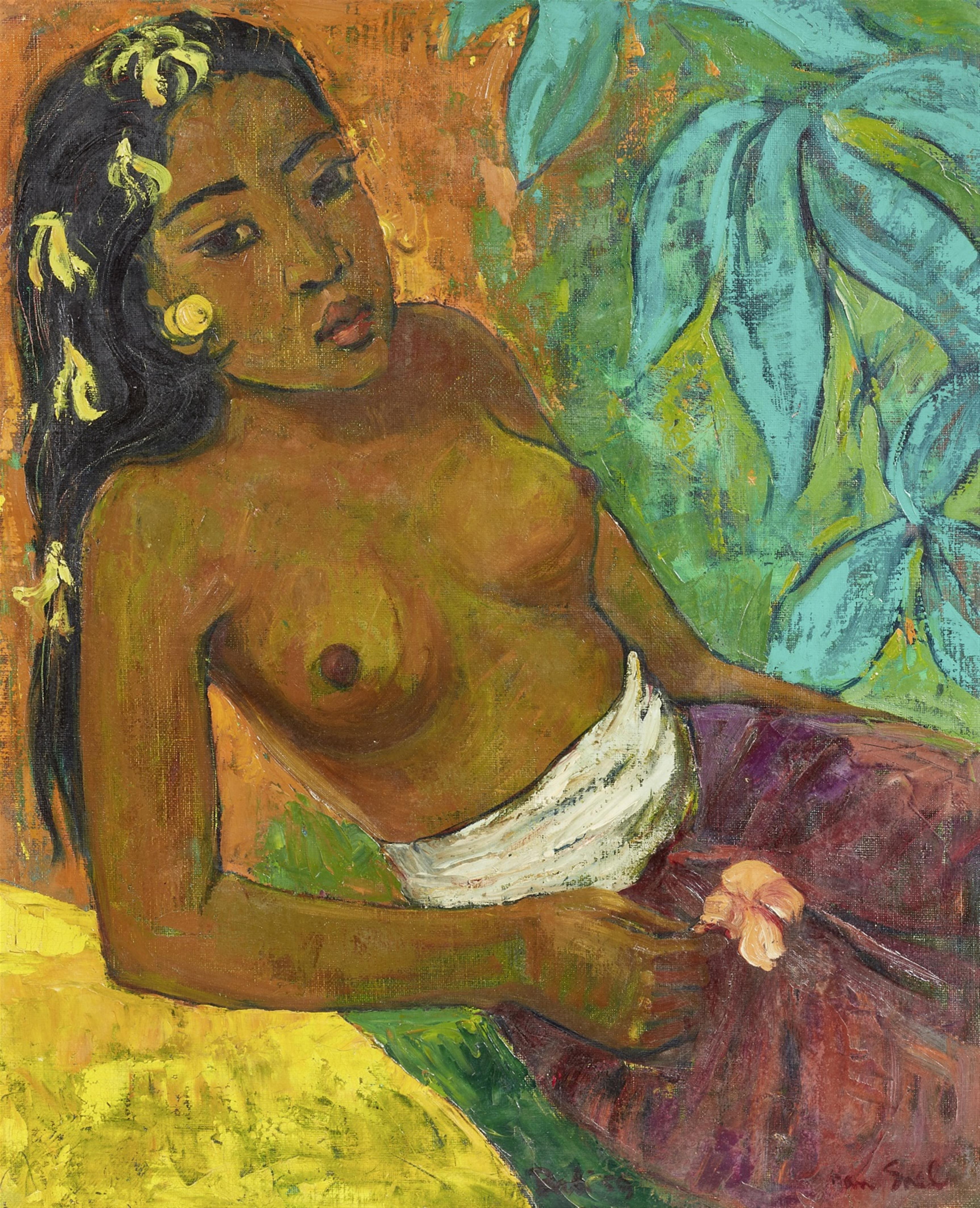 Han Snel . Around 1959 - Female semi nude with flowers in her hair. Oil on canvas. Signed Han Snel. Original wood frame. - image-1