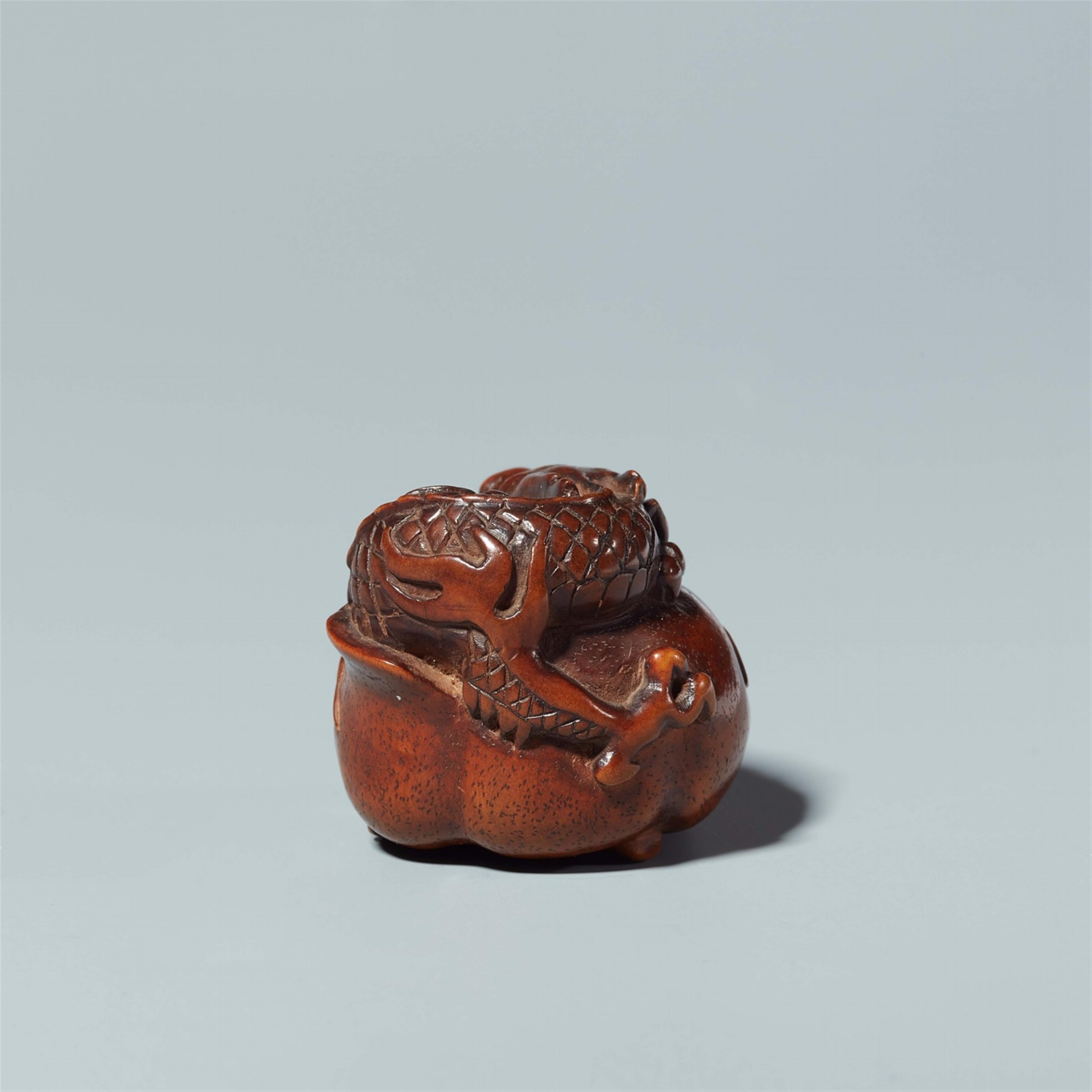 A wood netsuke of a dragon in a fruit. 19th century - image-3