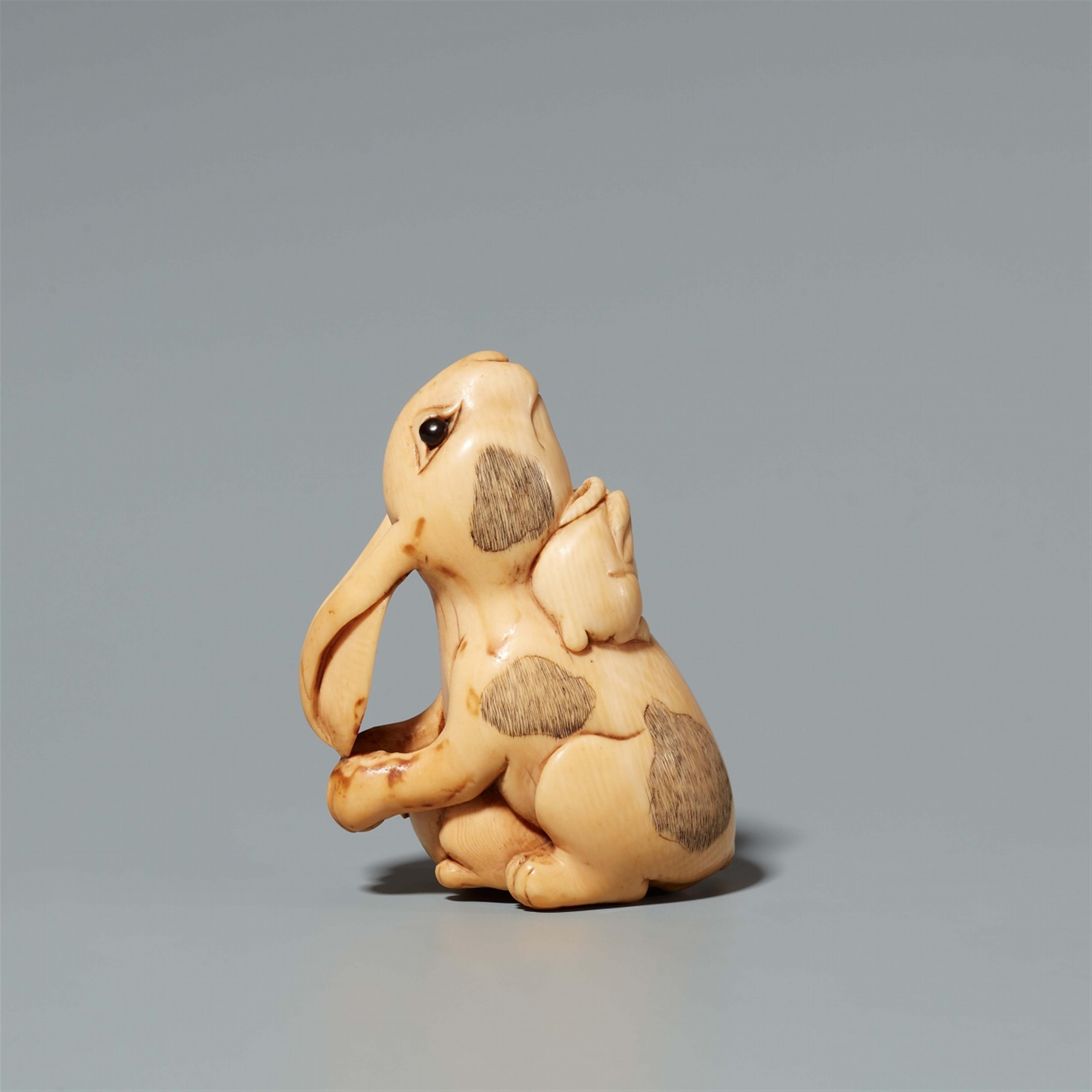 An ivory netsuke of a mother hare with her young. First half 19th century - image-3