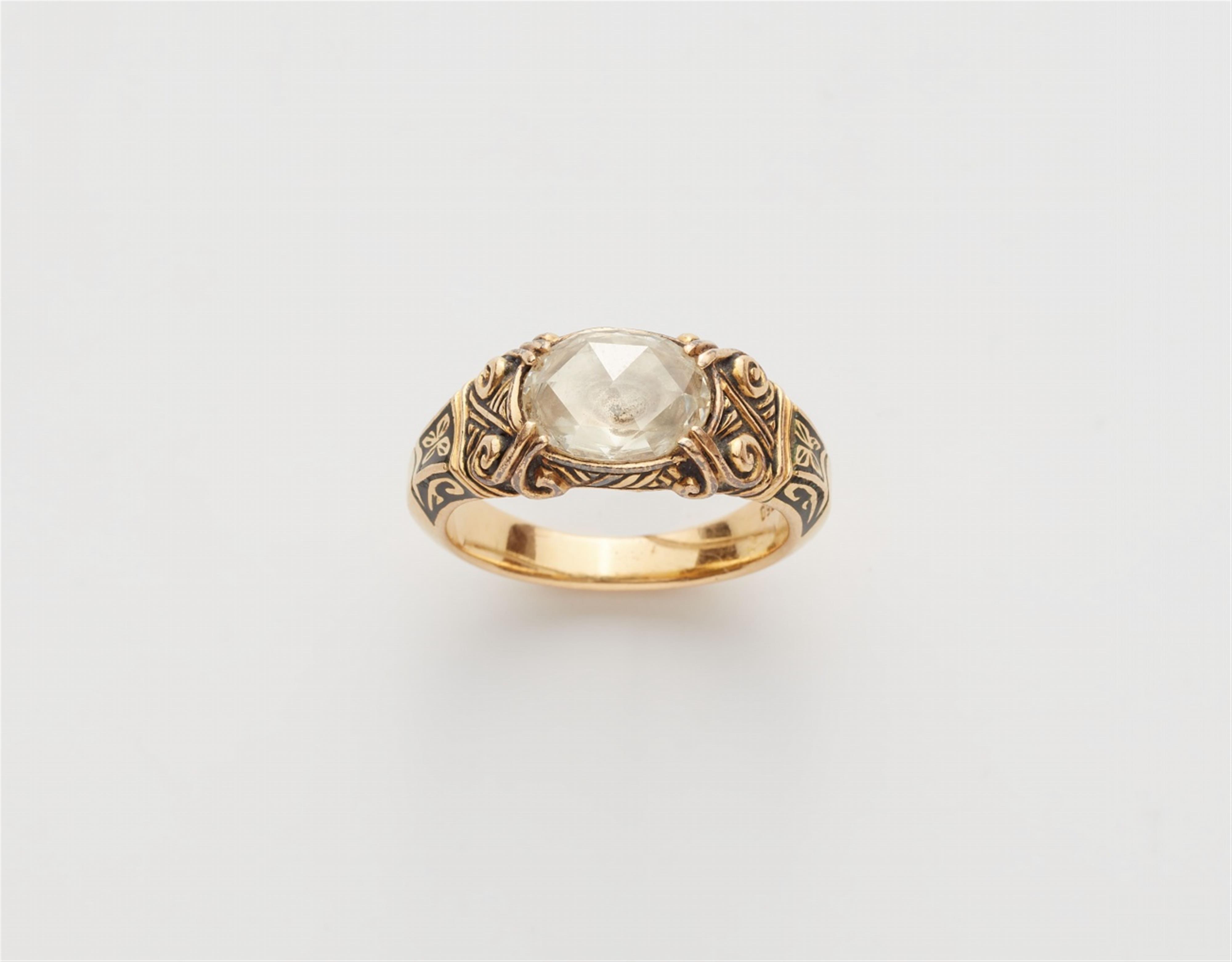 An 18k gold enamel and diamond ring - image-1