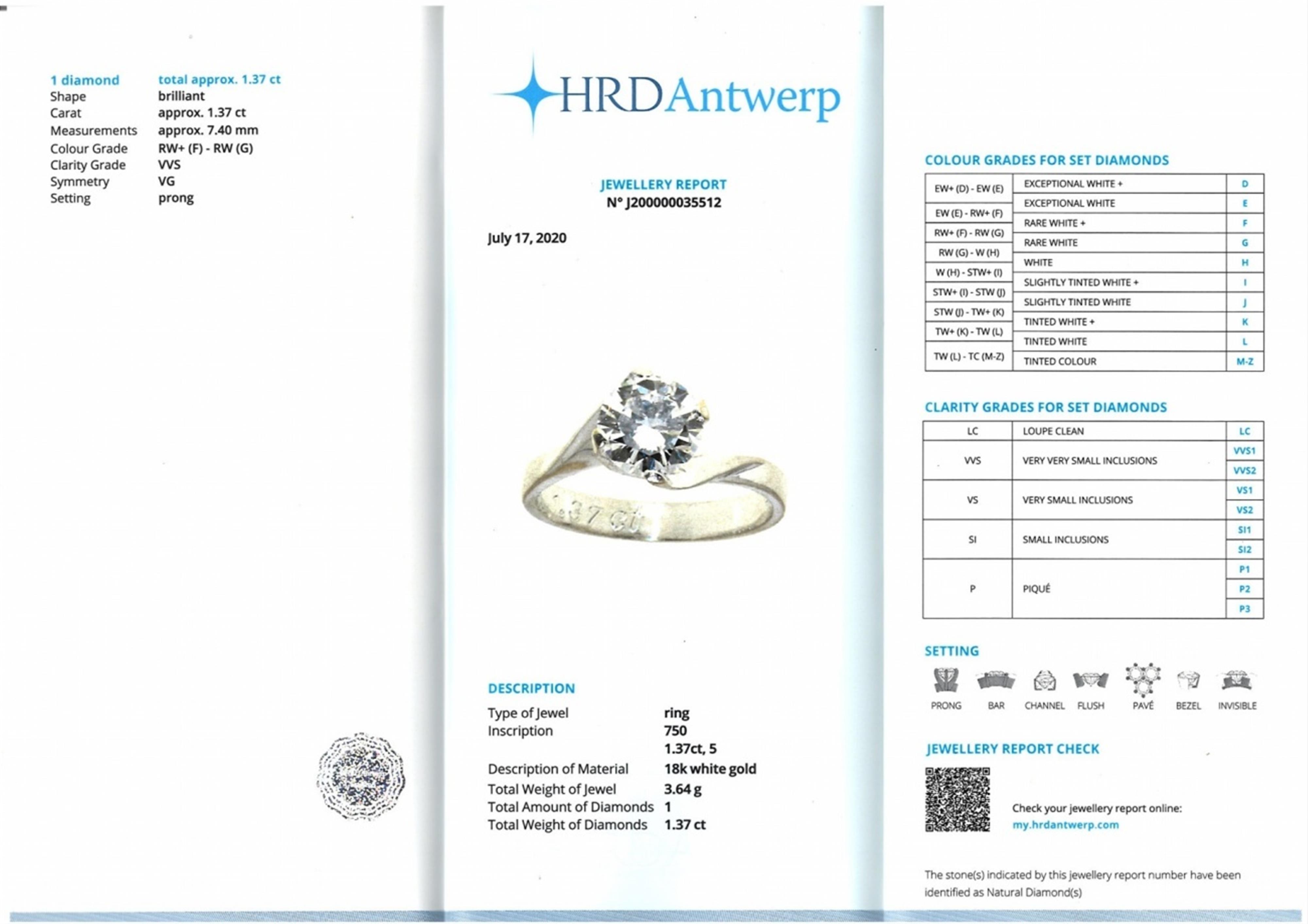 An 18k white gold ring with a 1.37 ct diamond solitaire - image-3