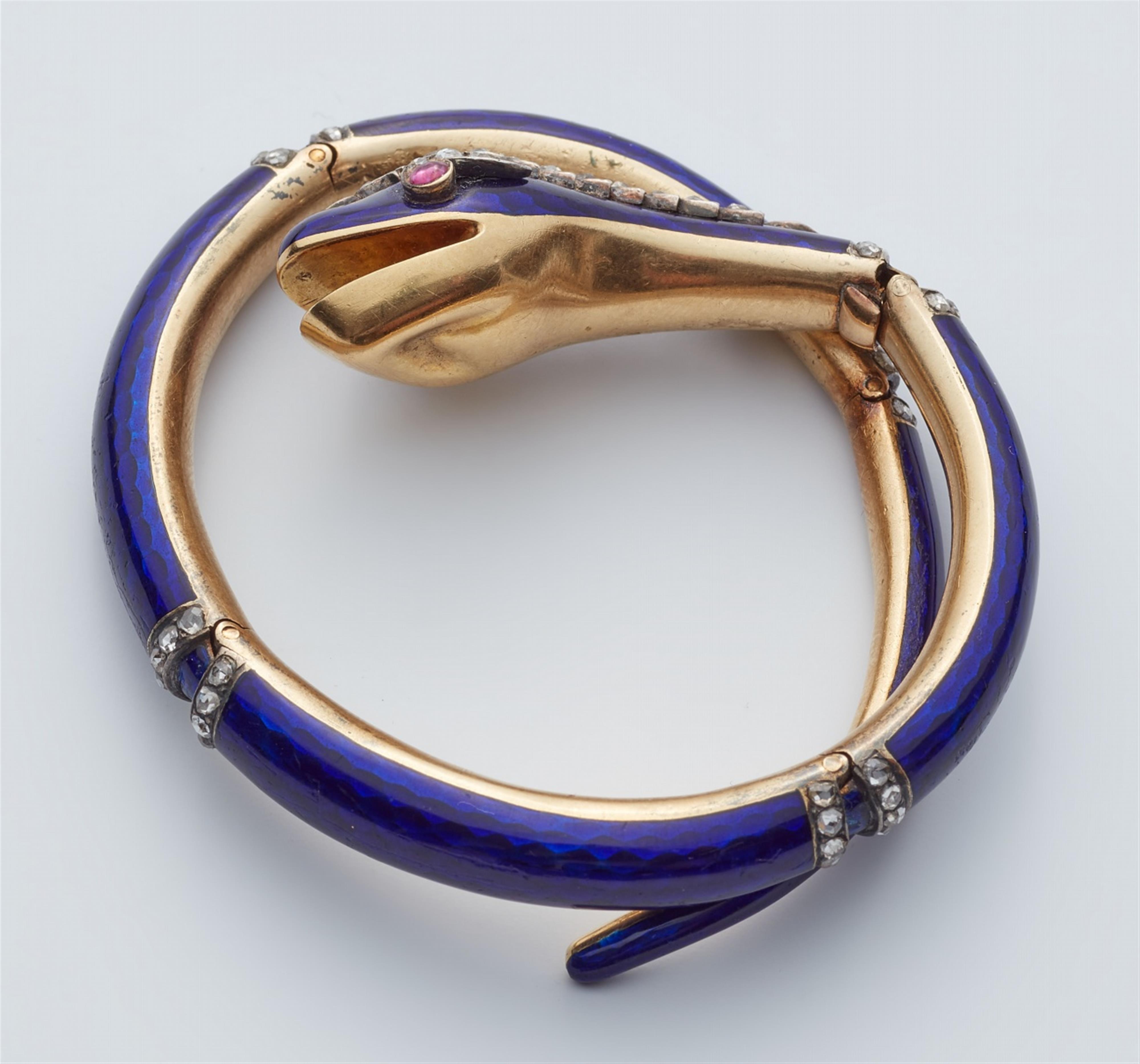 An 18k gold enamel jewelled Victorian snake bangle - image-2
