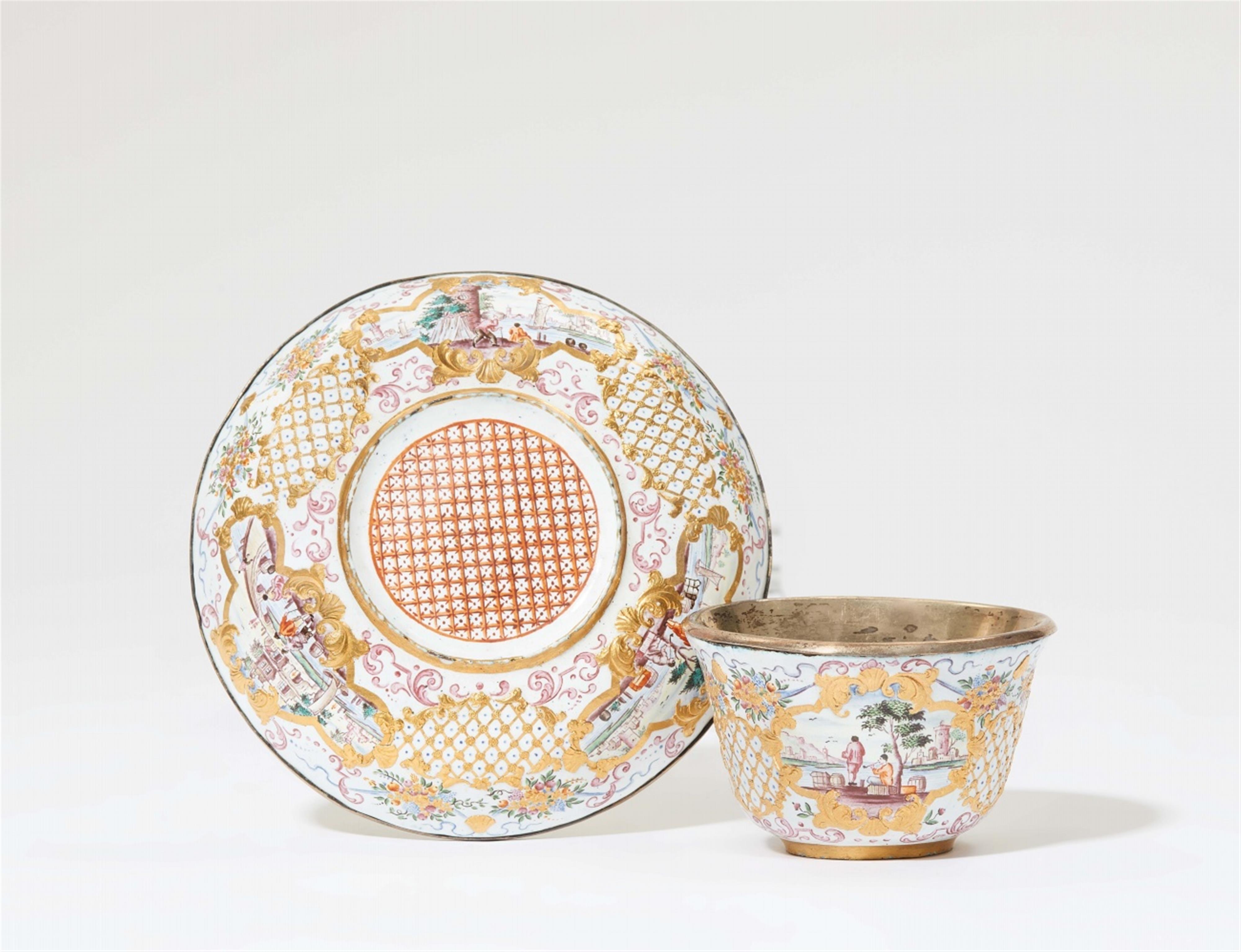 An "émail de Saxe" tea bowl and saucer - image-2