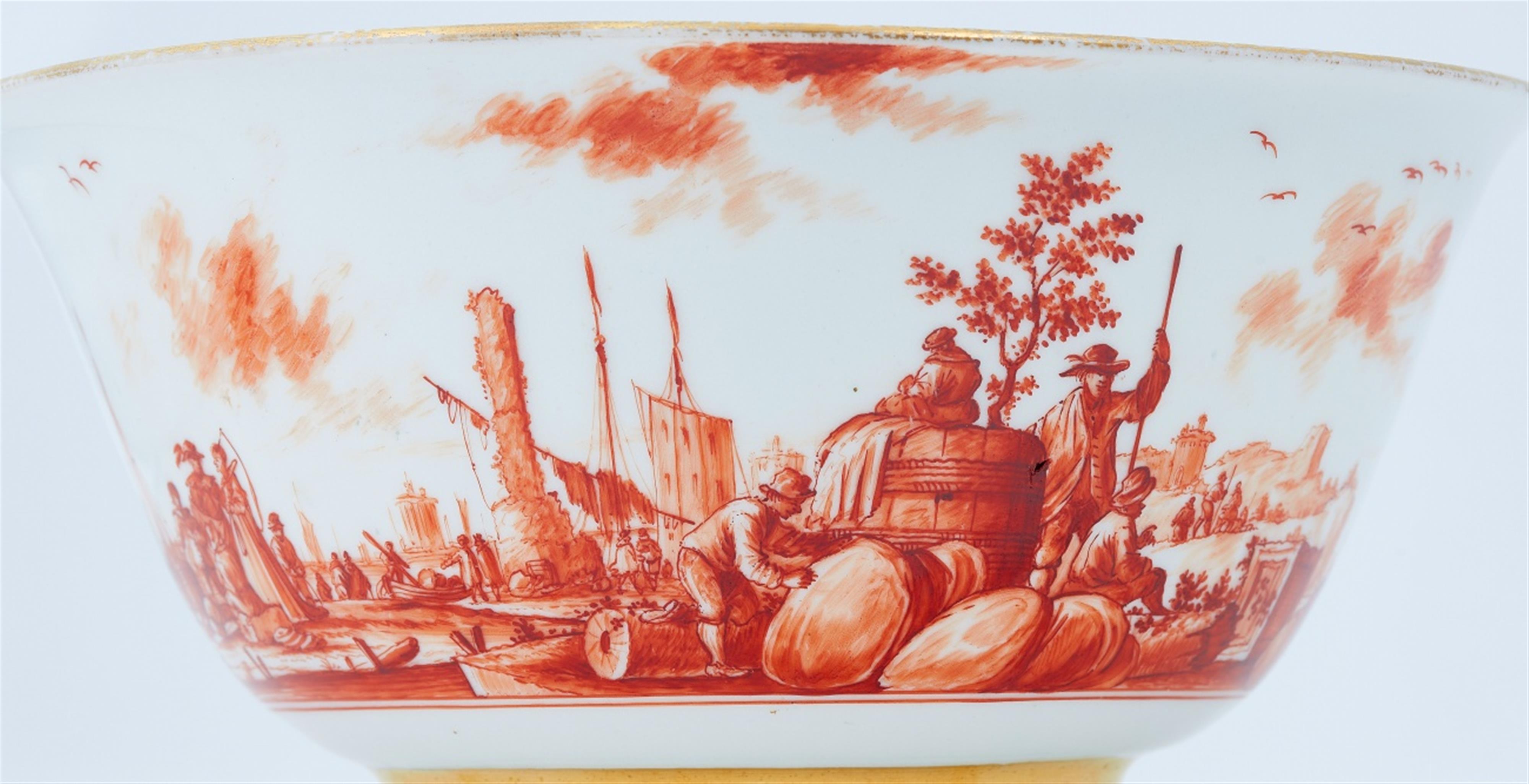 A Meissen porcelain slop bowl with a merchant navy scene in iron red - image-3