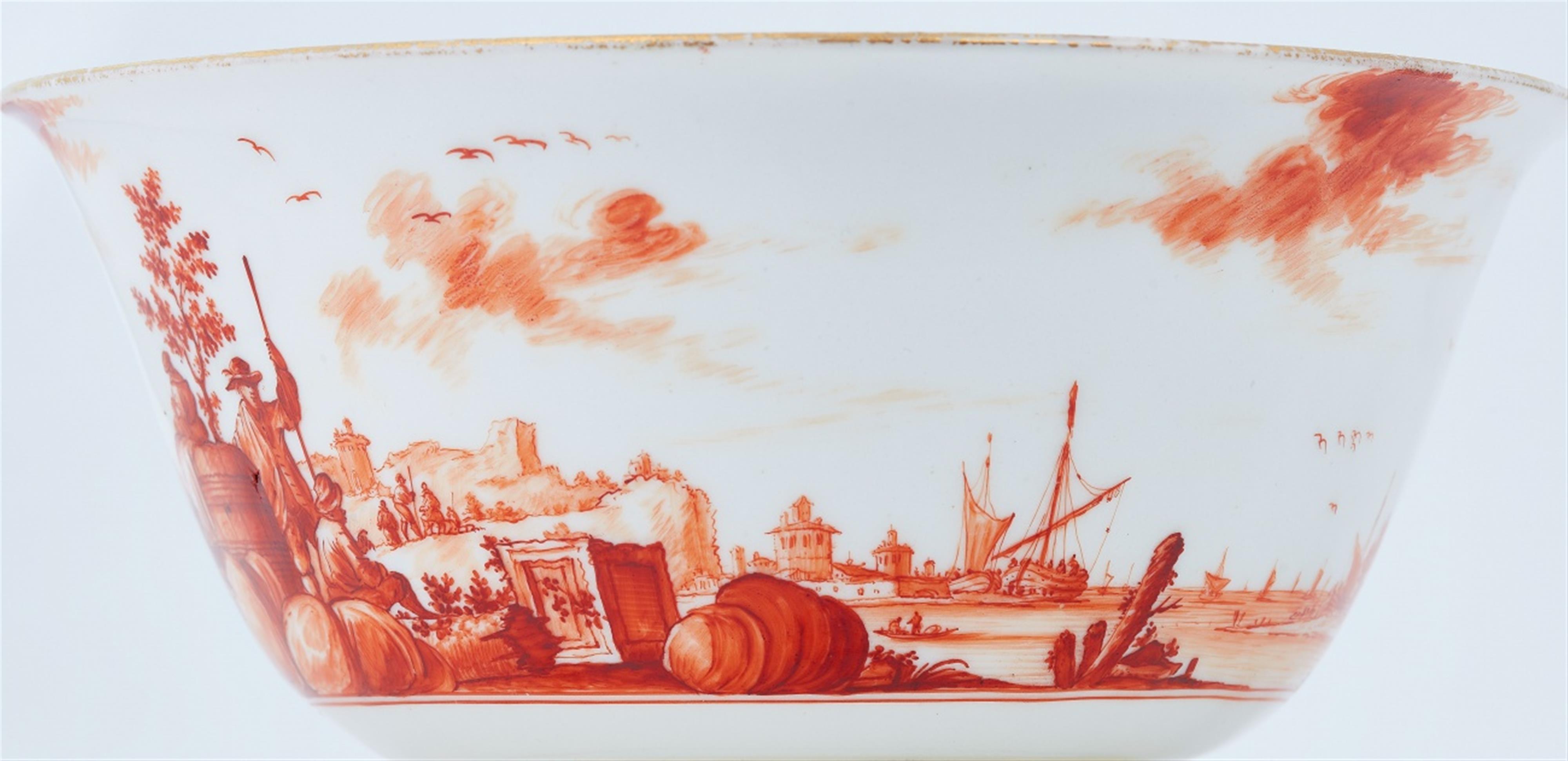 A Meissen porcelain slop bowl with a merchant navy scene in iron red - image-5