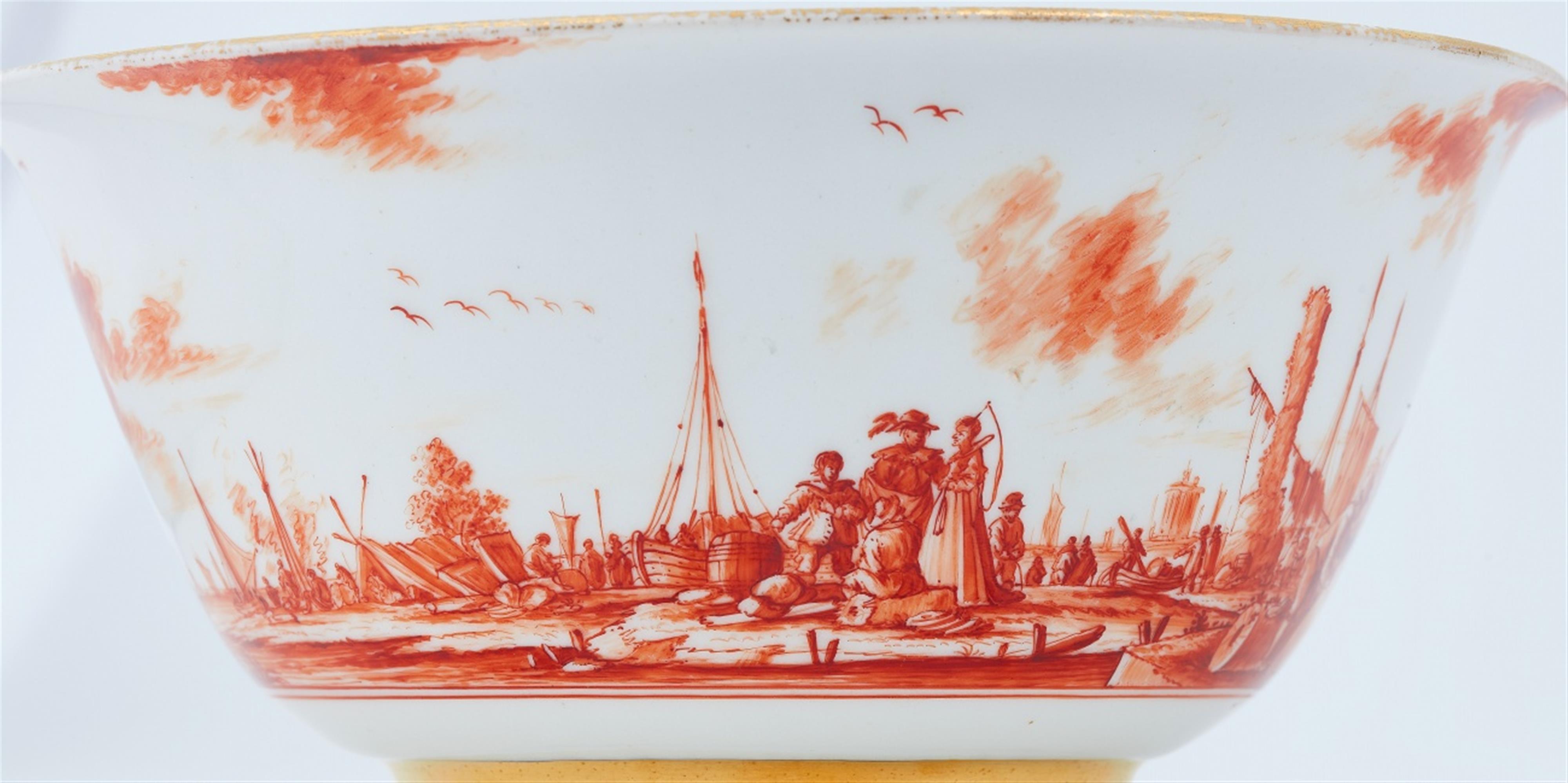 A Meissen porcelain slop bowl with a merchant navy scene in iron red - image-6