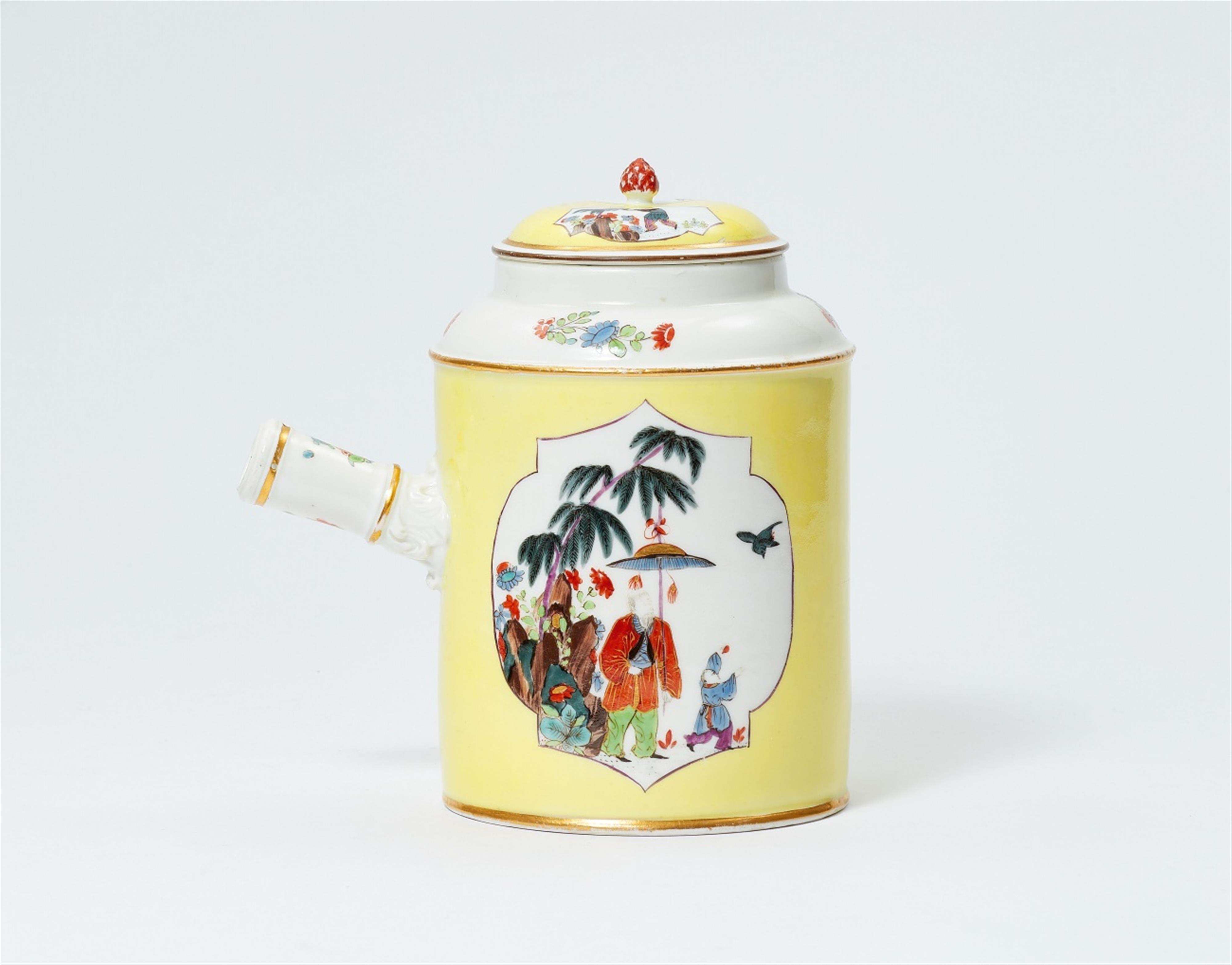 A Meissen porcelain chocolate pot with yellow ground and chinoiseries - image-2