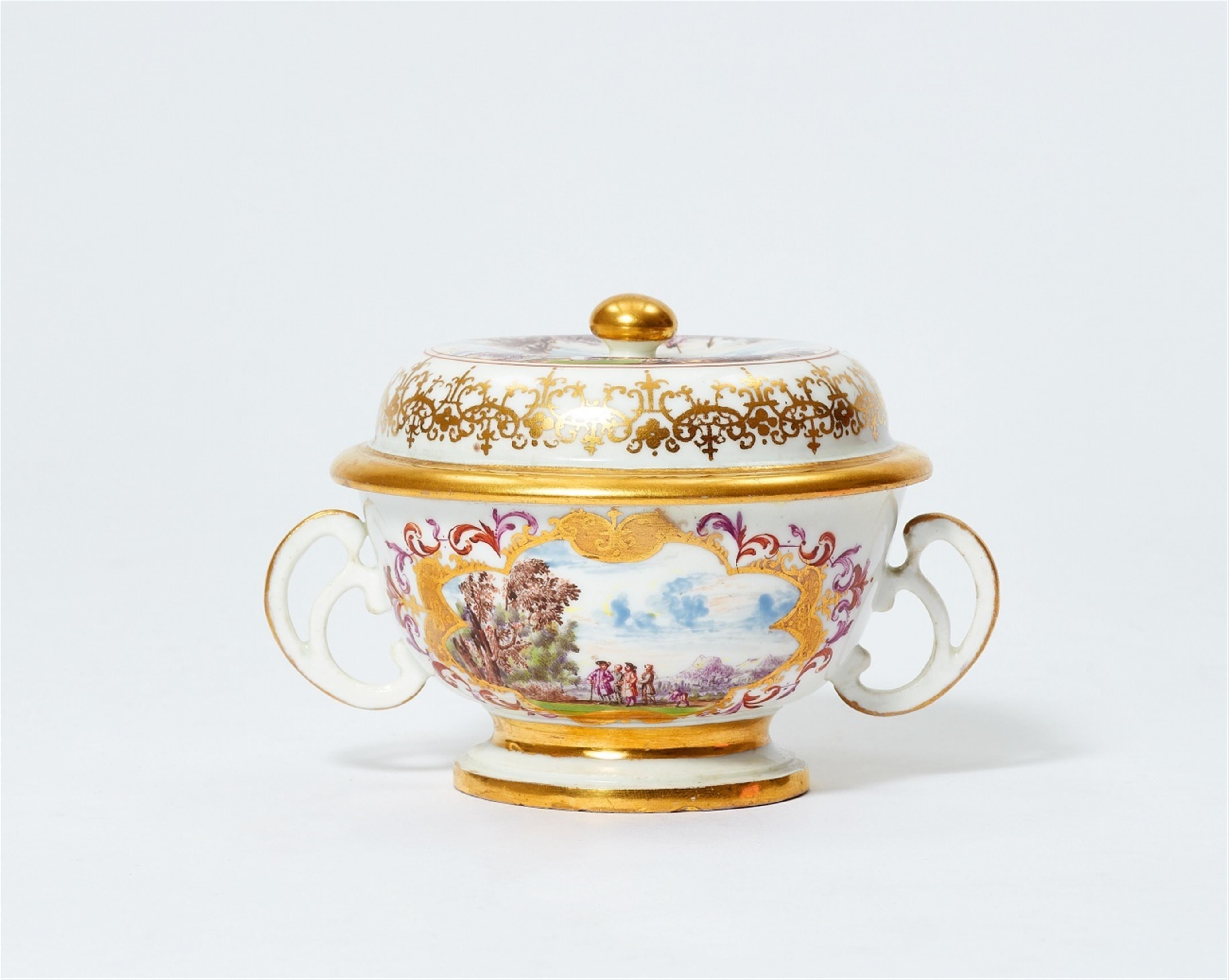 A small Meissen porcelain ecuelle and cover with courtly garden scenes - image-1