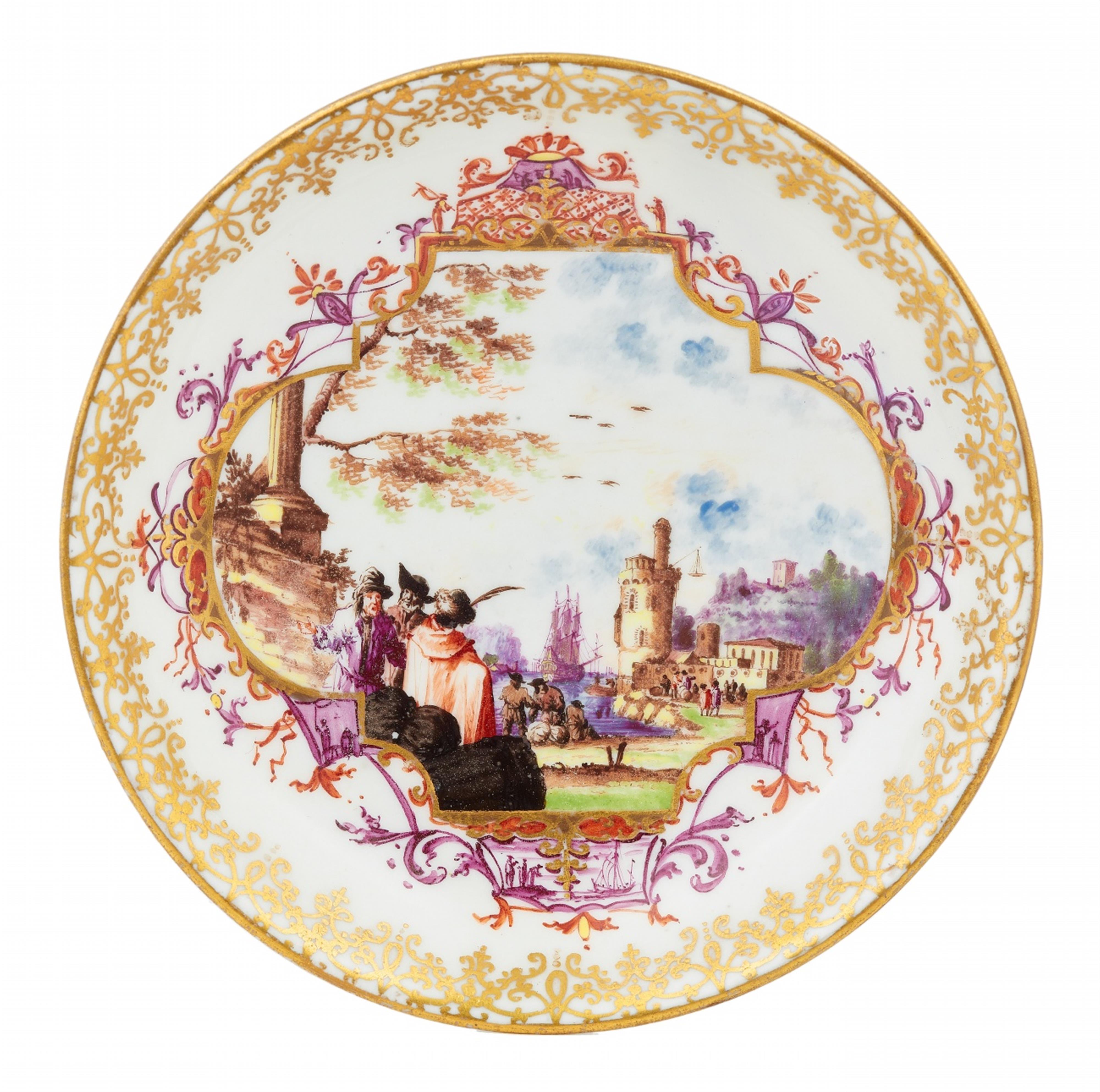 Three Meissen porcelain tea bowls and saucers from a service with merchant navy scenes - image-2