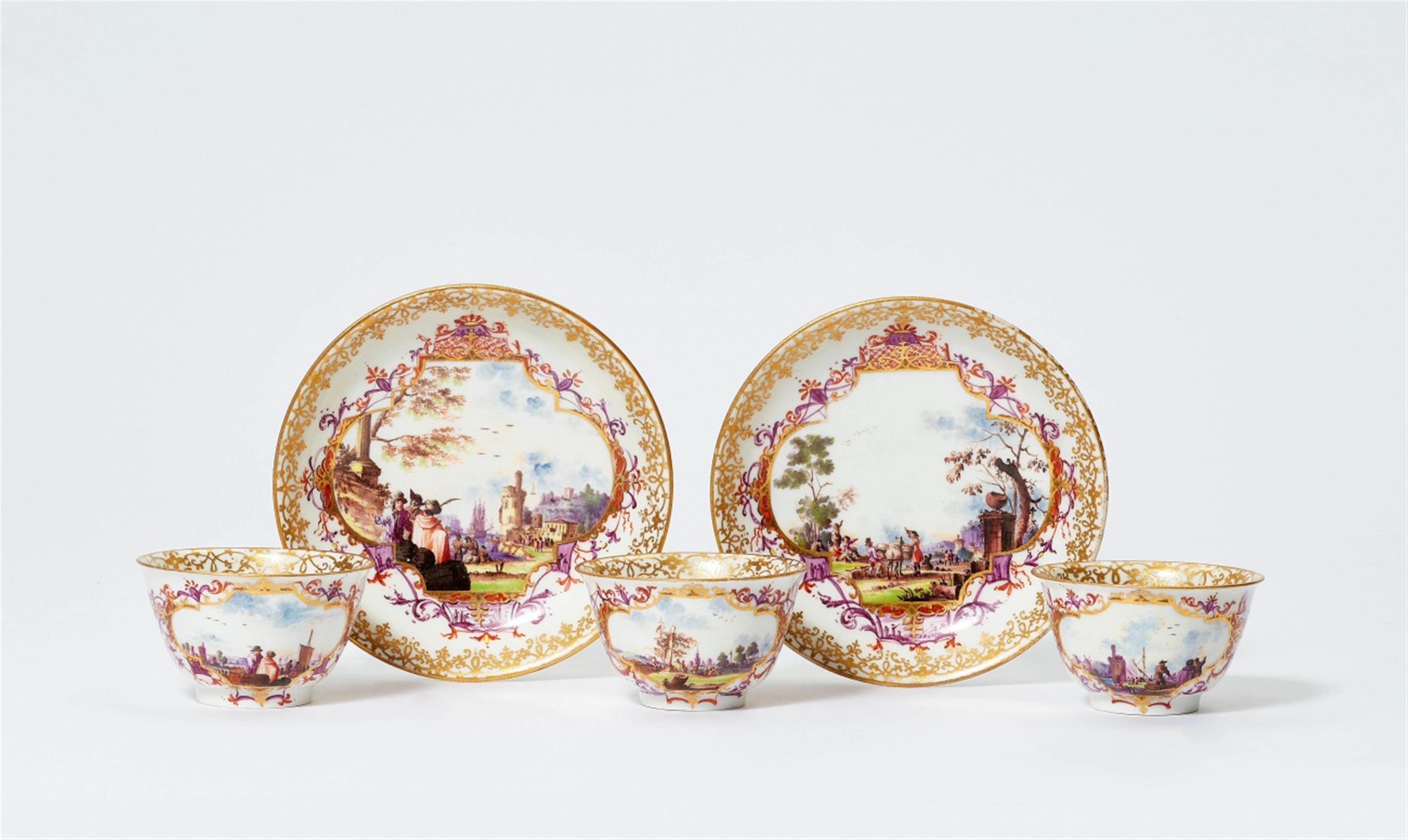 Three Meissen porcelain tea bowls and saucers from a service with merchant navy scenes - image-1