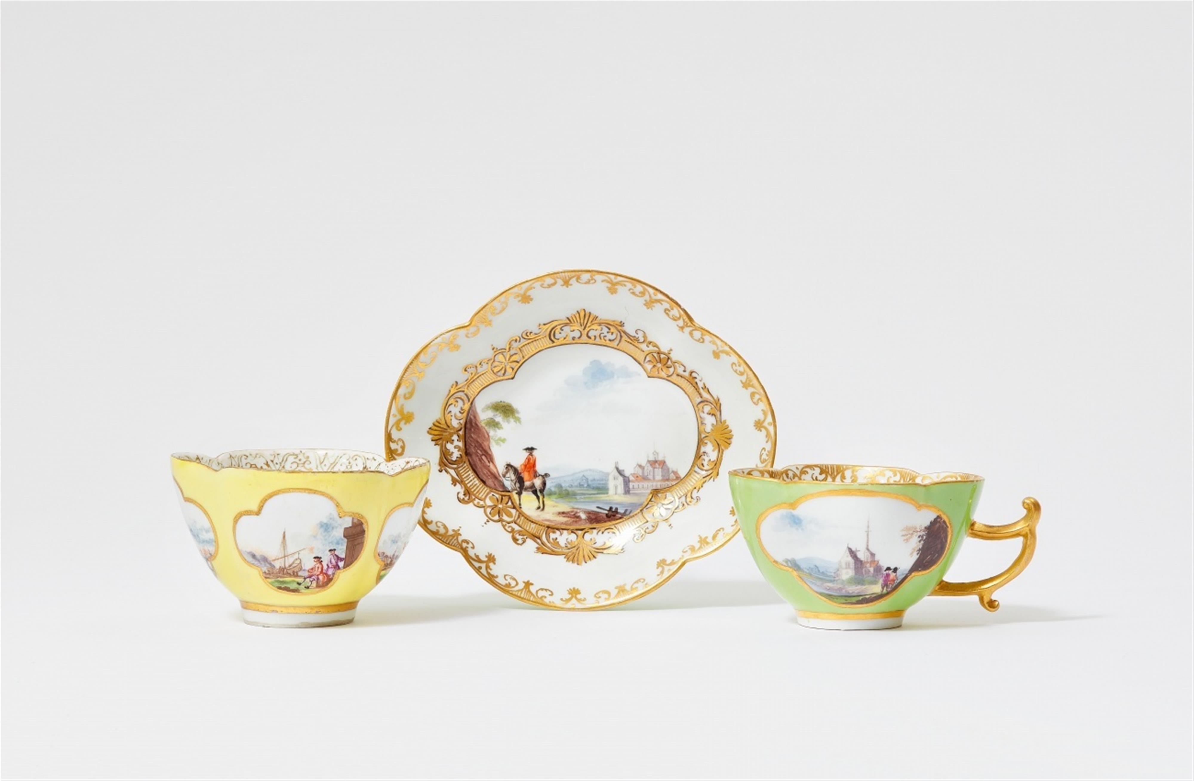 Three items of Meissen porcelain with coloured grounds and water landscapes - image-1